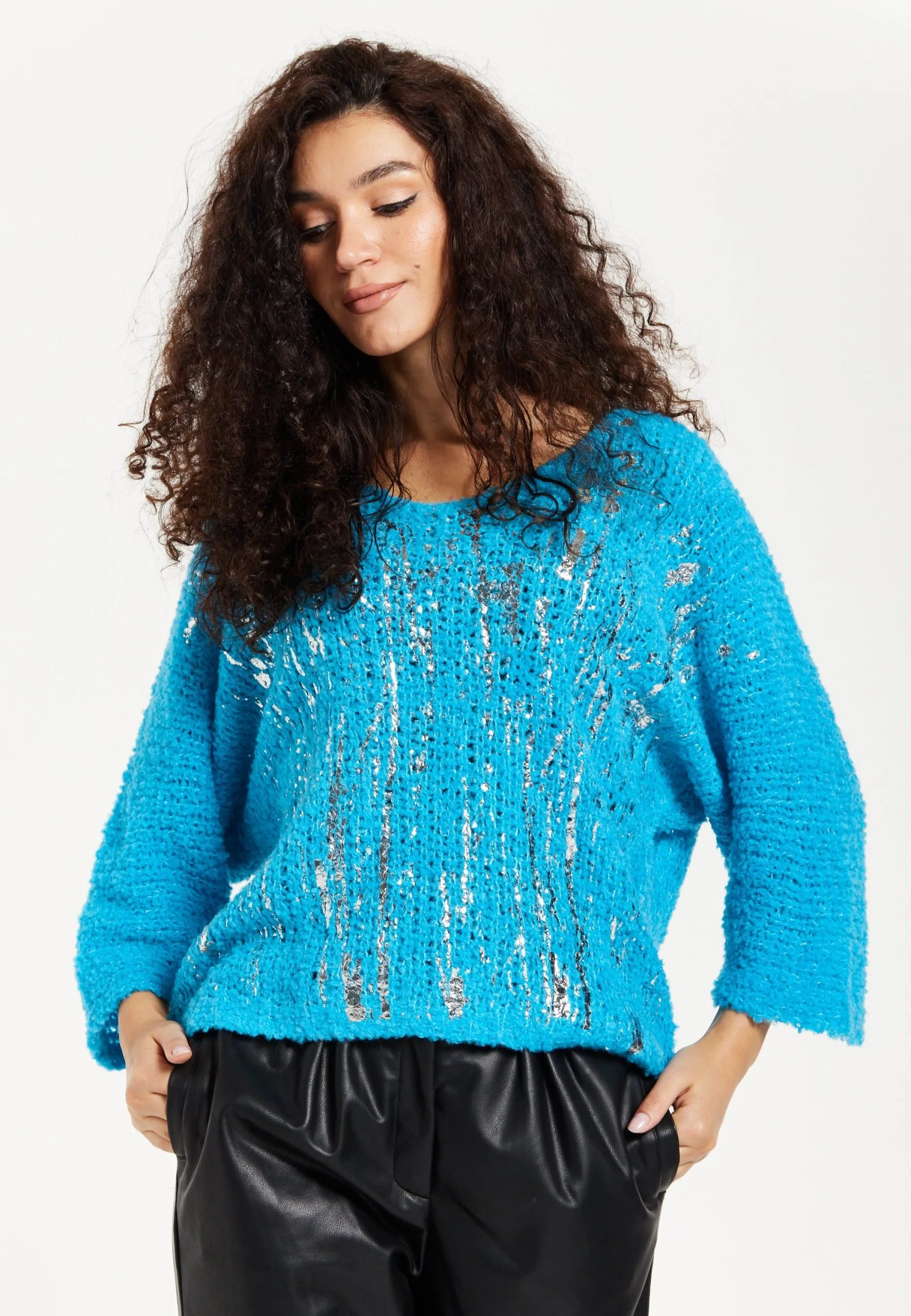 Blue Loose Knit Jumper With Metallic Detail