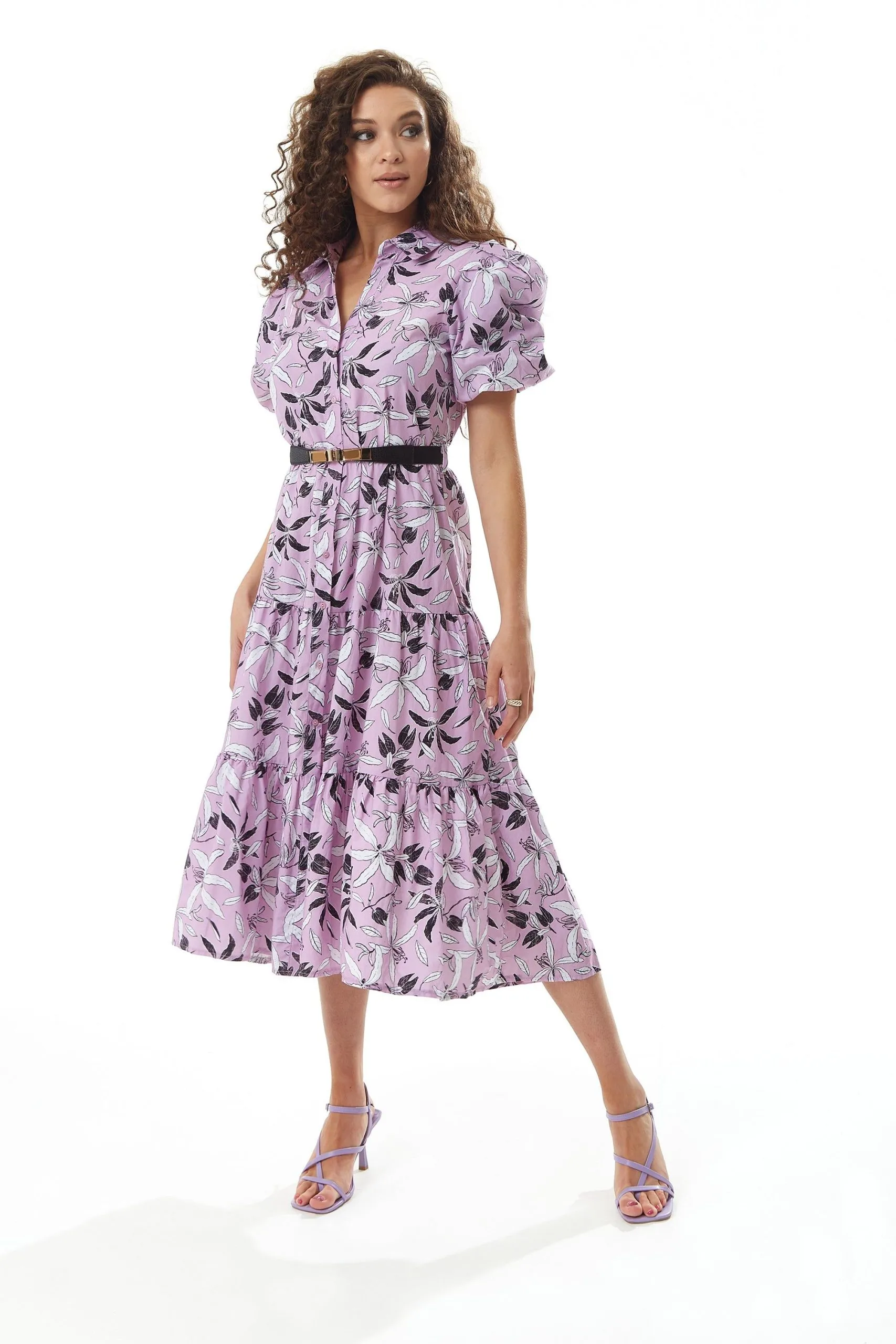 Floral Print Button Up Midi Dress in Lilac