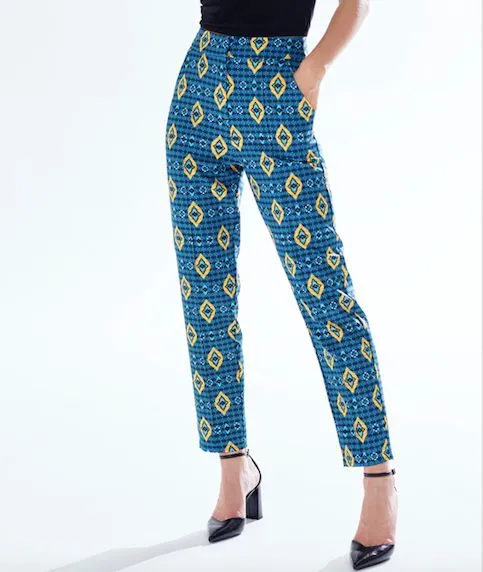 African Print Cigarette Suit Trousers in Blue, Yellow & Navy