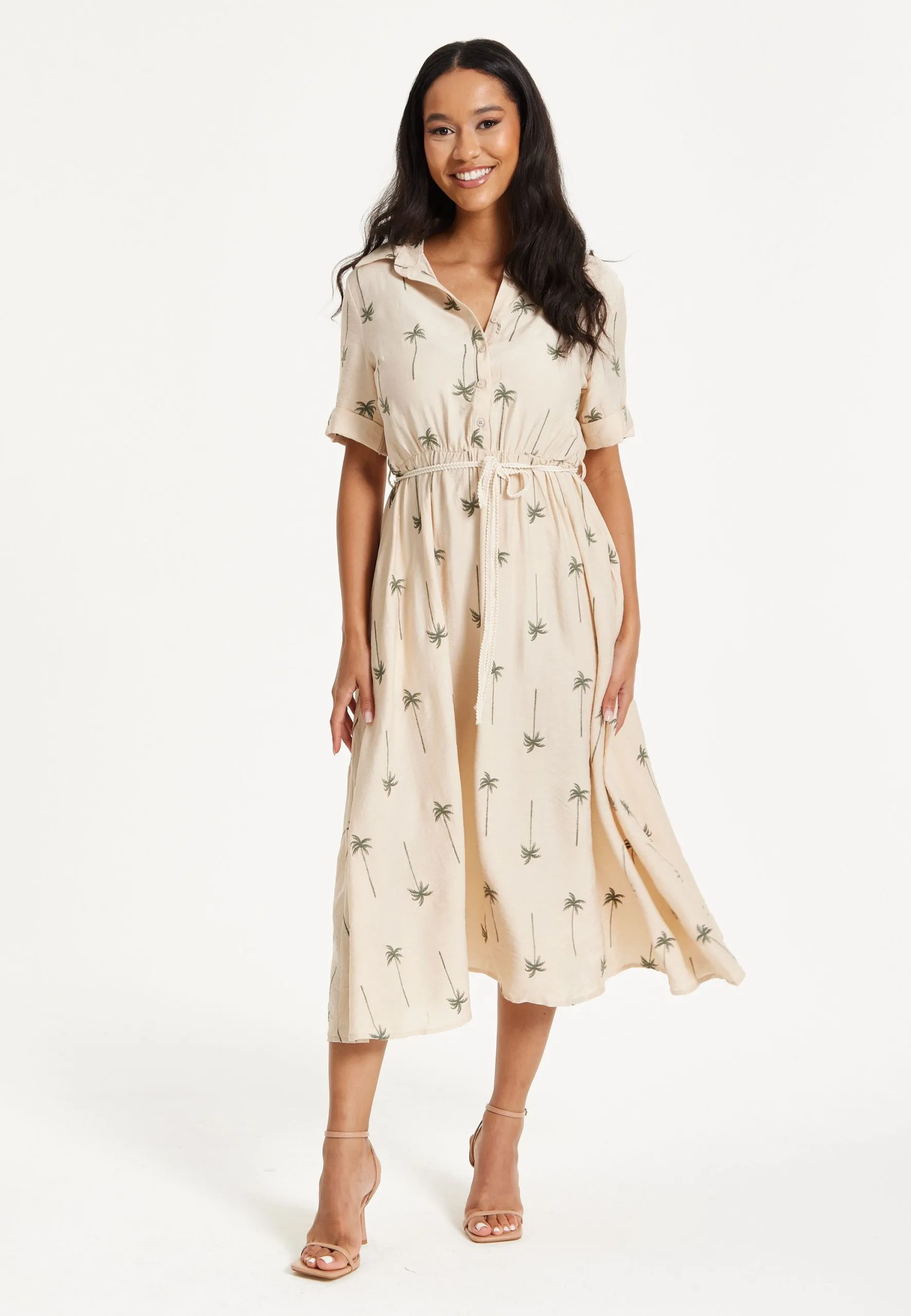 Beige Palm Print Shirt Midi Dress