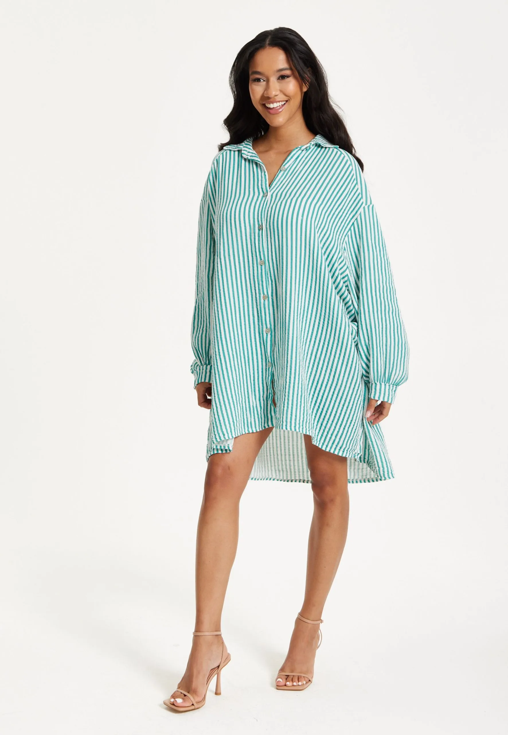 Green Striped Oversized Shirt Dress