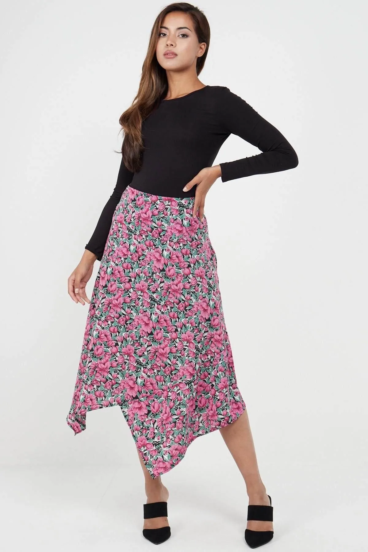 Pink Floral Printed Asymmetric hem Skirt