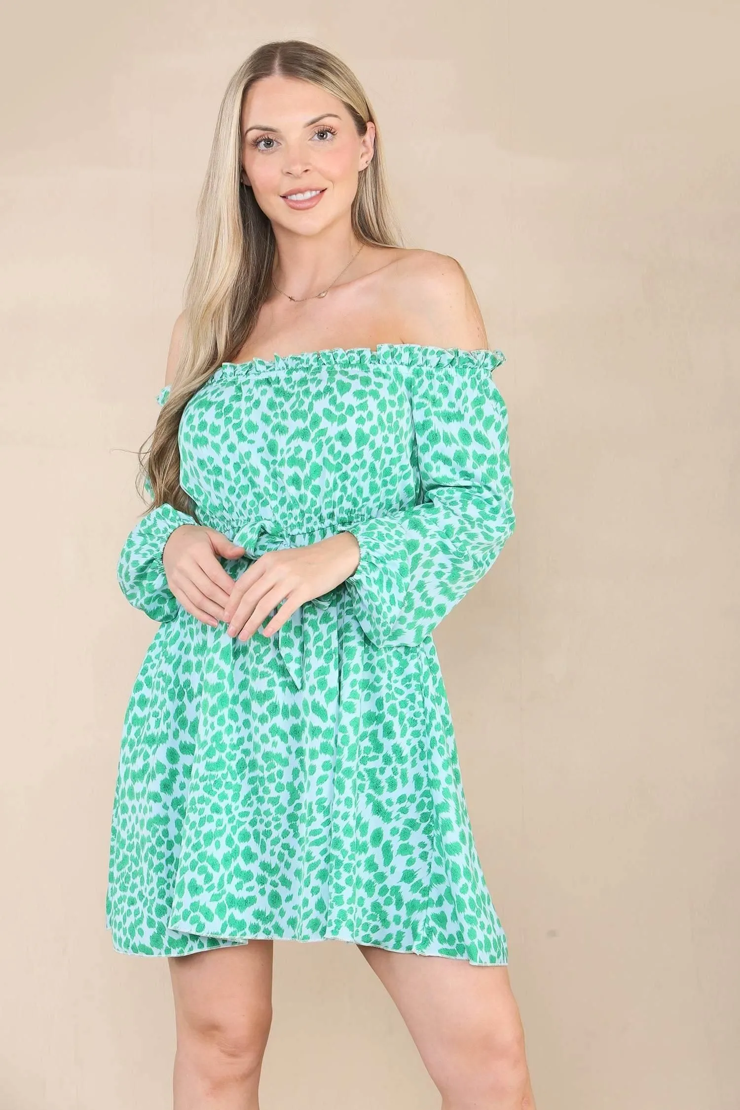 Green Leopard Print Bardot Mini Dress