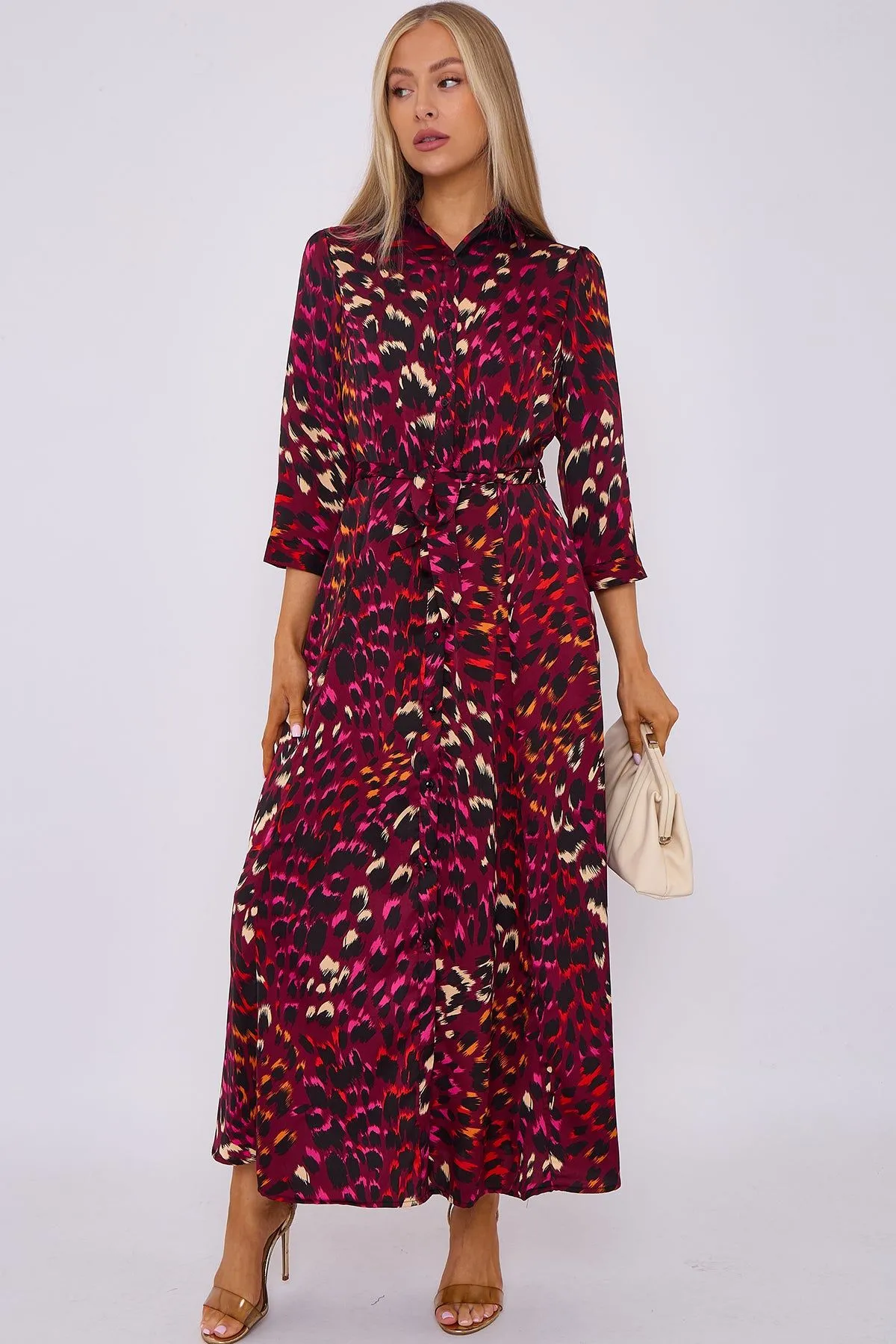 Deep Fuchsia Leopard Print Satin Maxi Shirt Dress