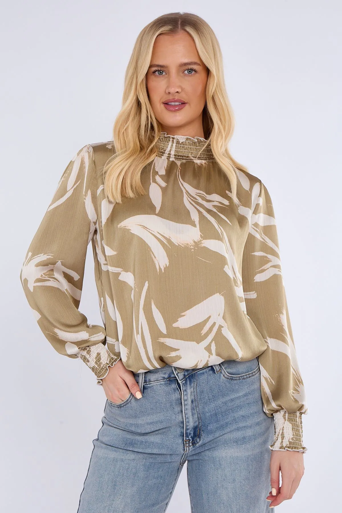 Olive Abstract Brushstroke Shirred Cuff Blouse
