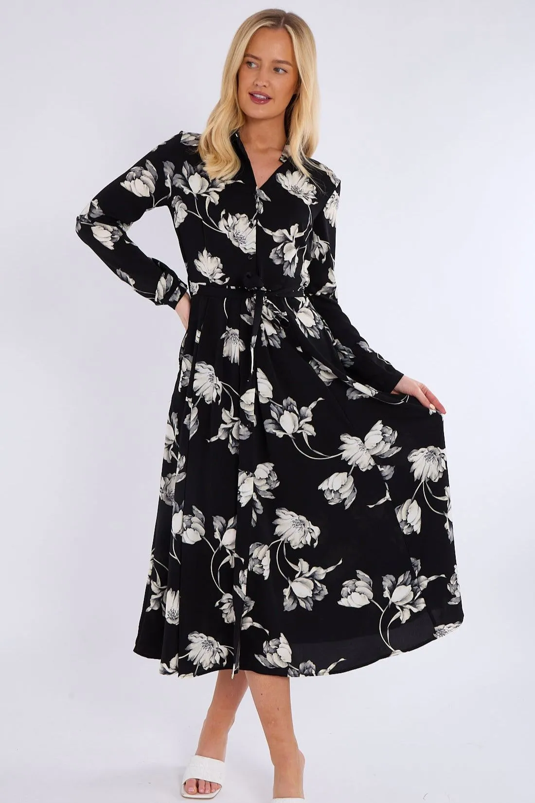 Mono Floral Print Midaxi Shirt Dress