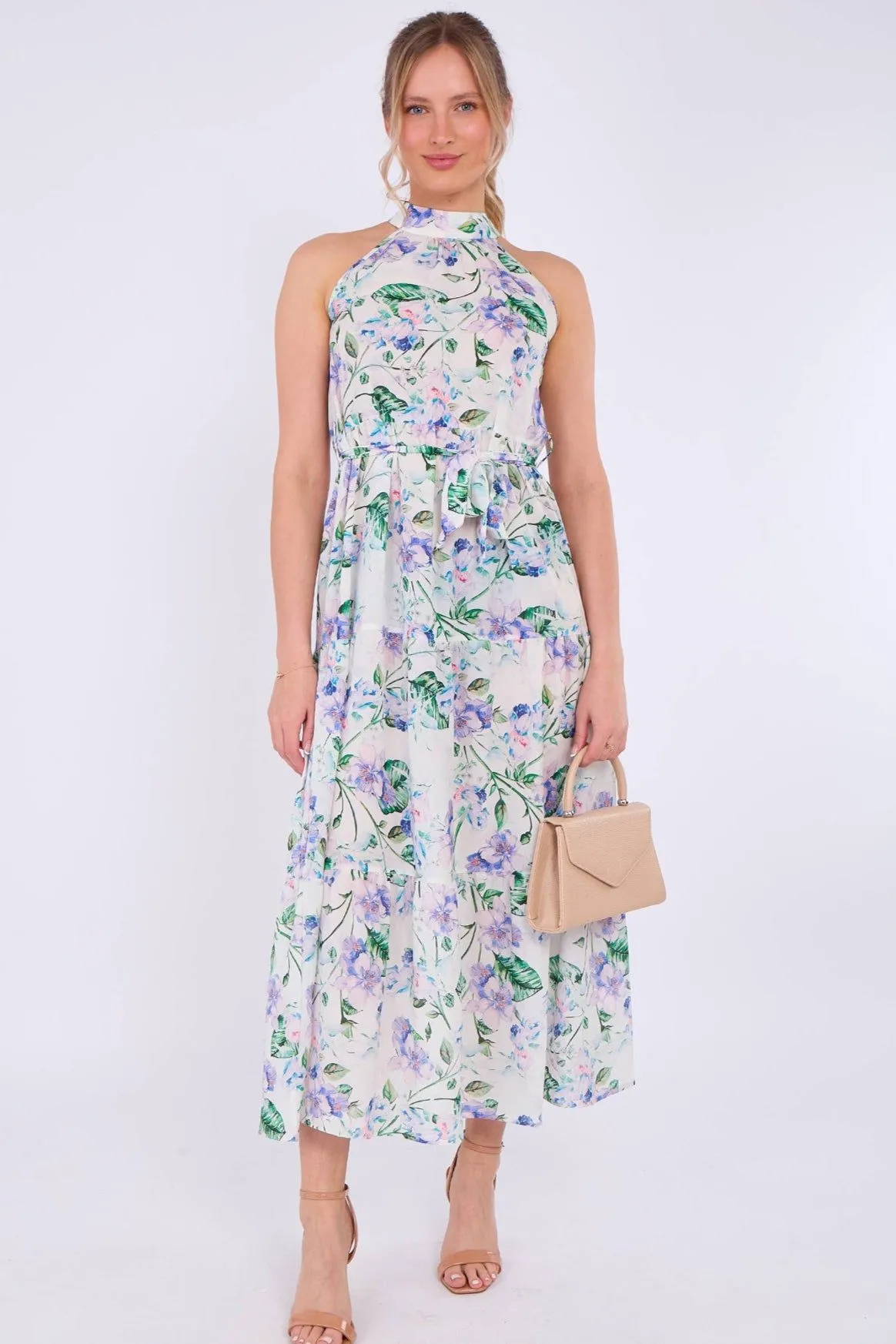 White Floral Print Halter Neck Maxi Dress