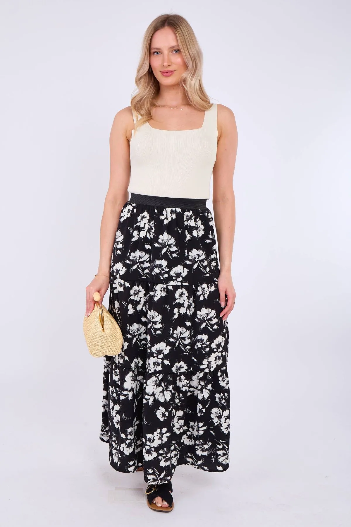 Mono Floral Print Tiered Maxi Skirt