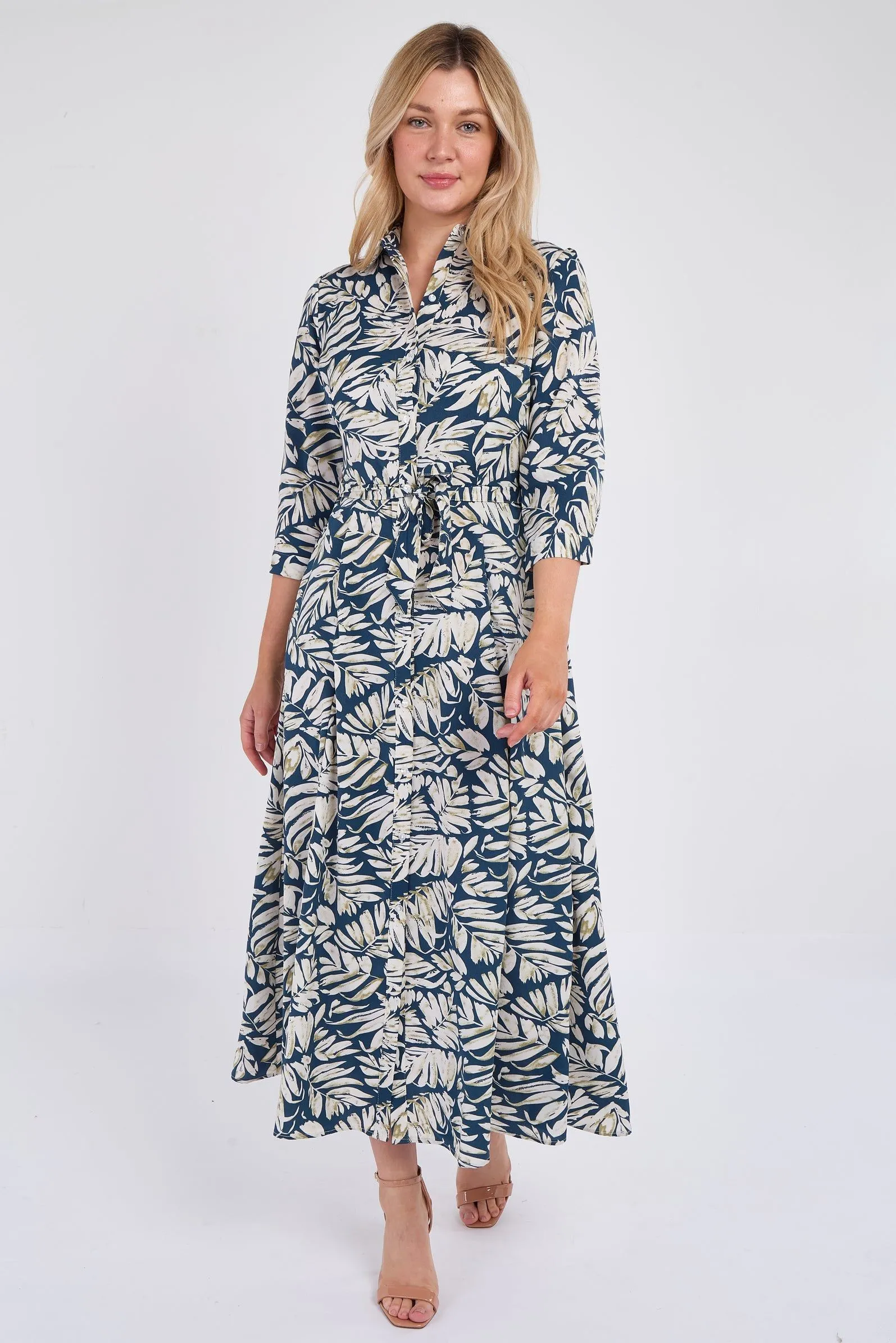 Navy Leaf Print Maxi Shirt Dress