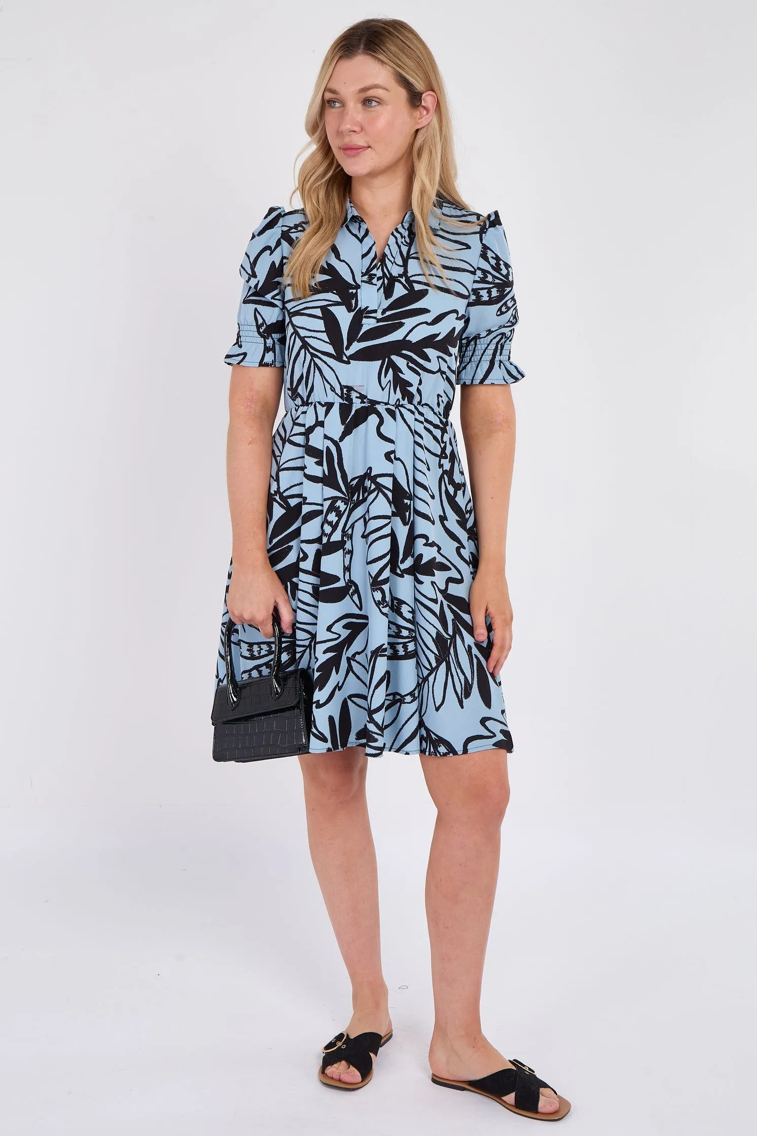 Powder Blue Leaf Print Mini Dress