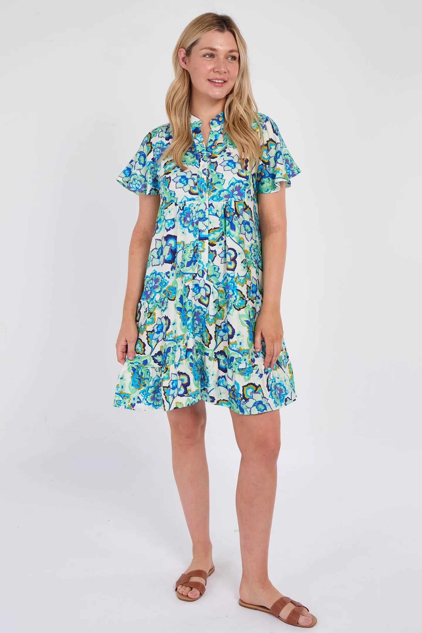 Blue Bloom Ruffle Hem Mini Shirt Dress