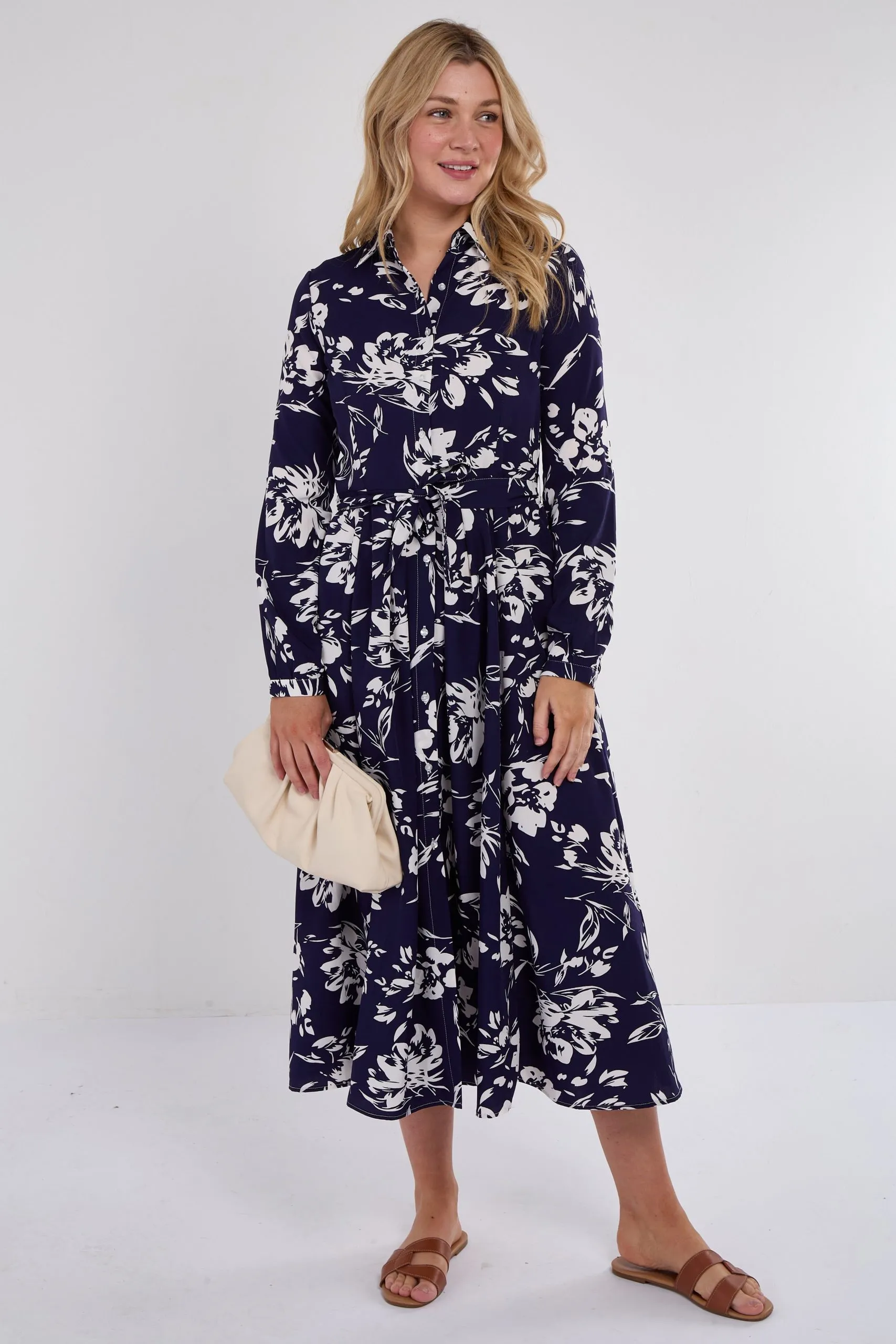 Navy Floral Print Midaxi Shirt Dress