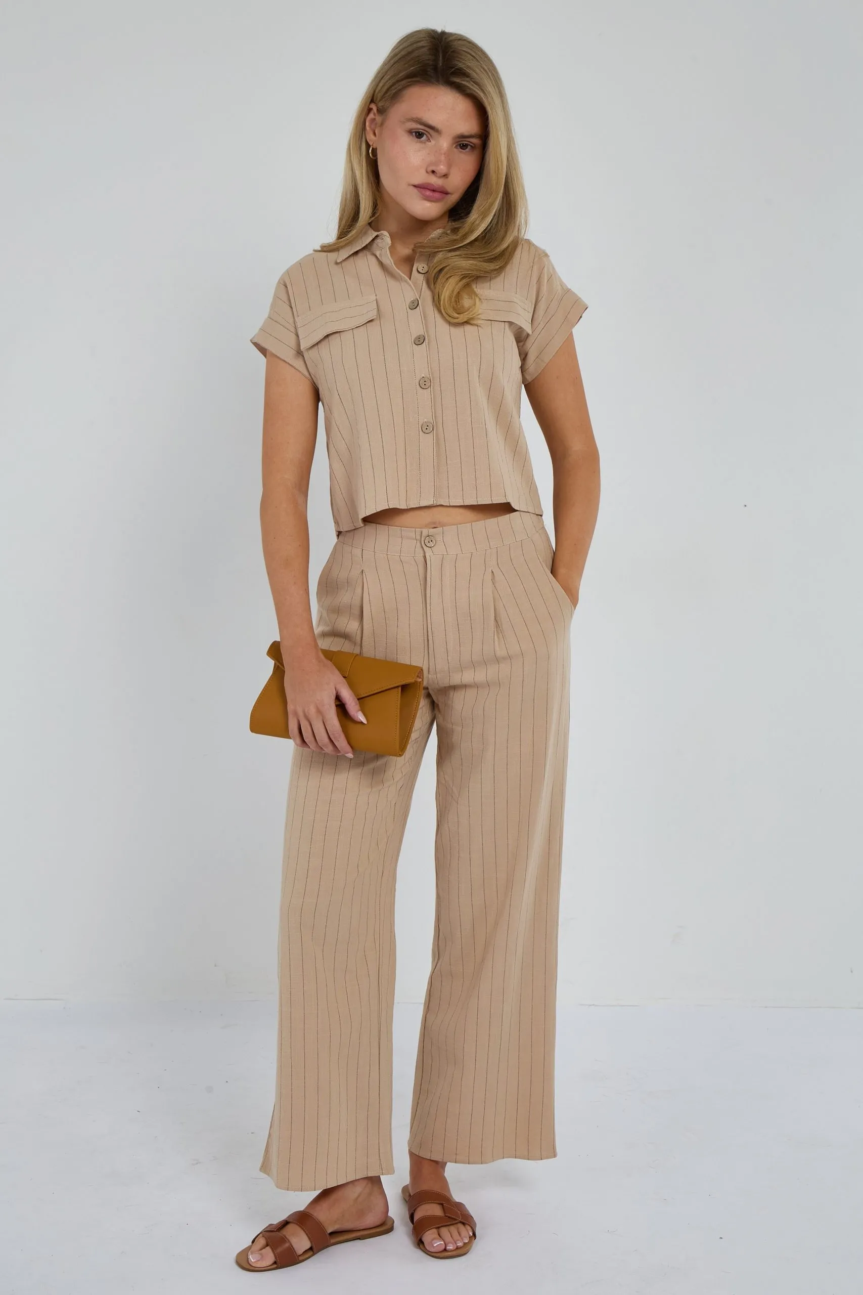 Beige Pinstripe Linen Shirt and Trousers set