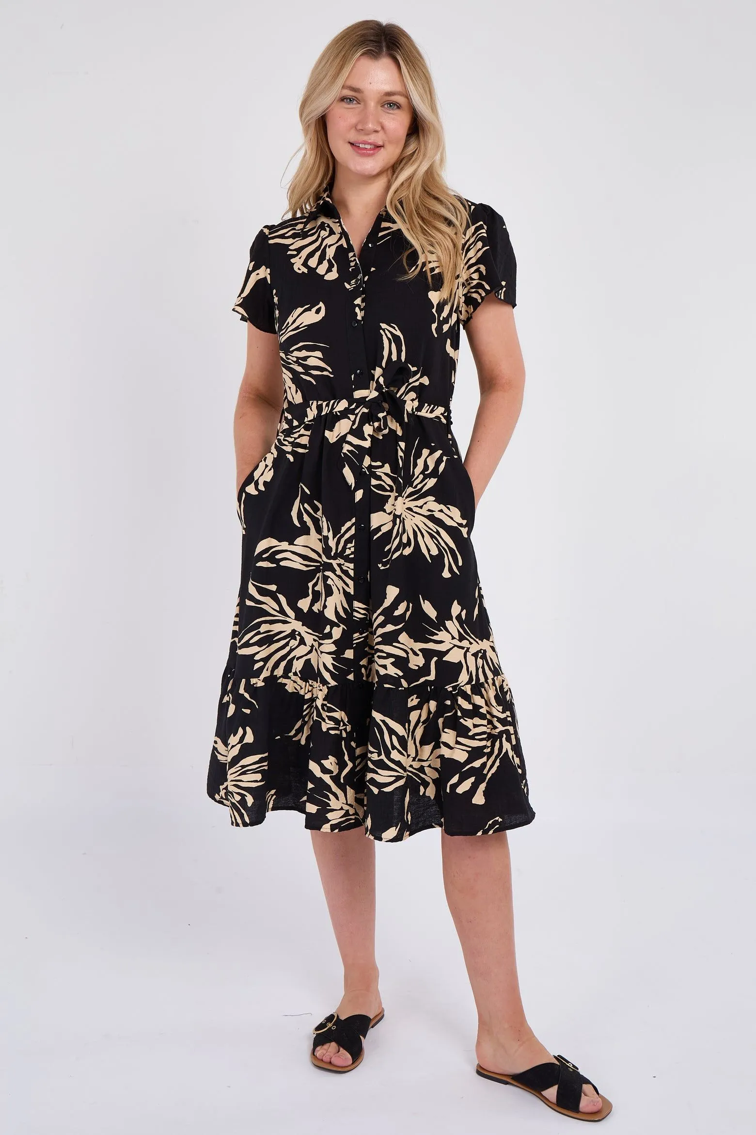 Black Floral Print  Frilled Hem Midi Dress