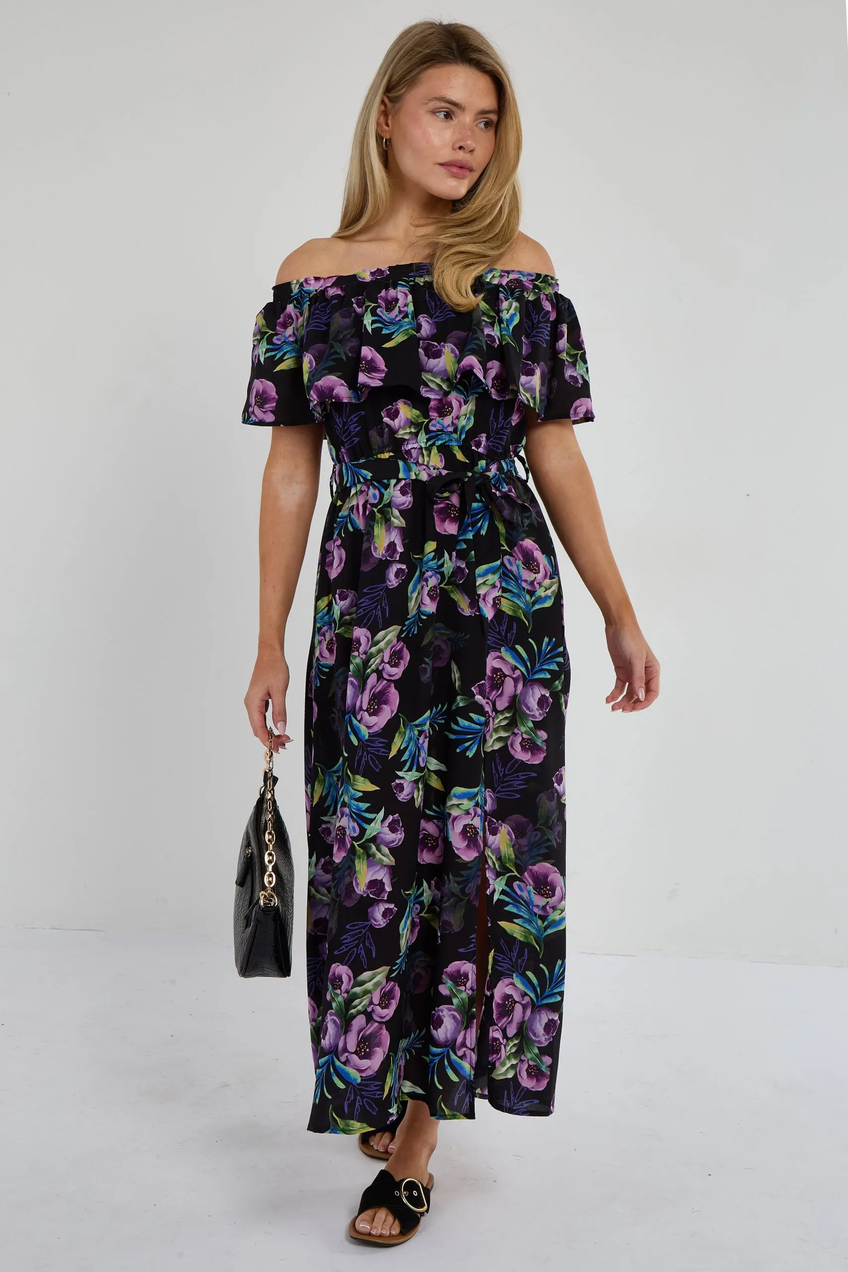 Purple Tropical Floral Off-Shoulder Maxi Dress