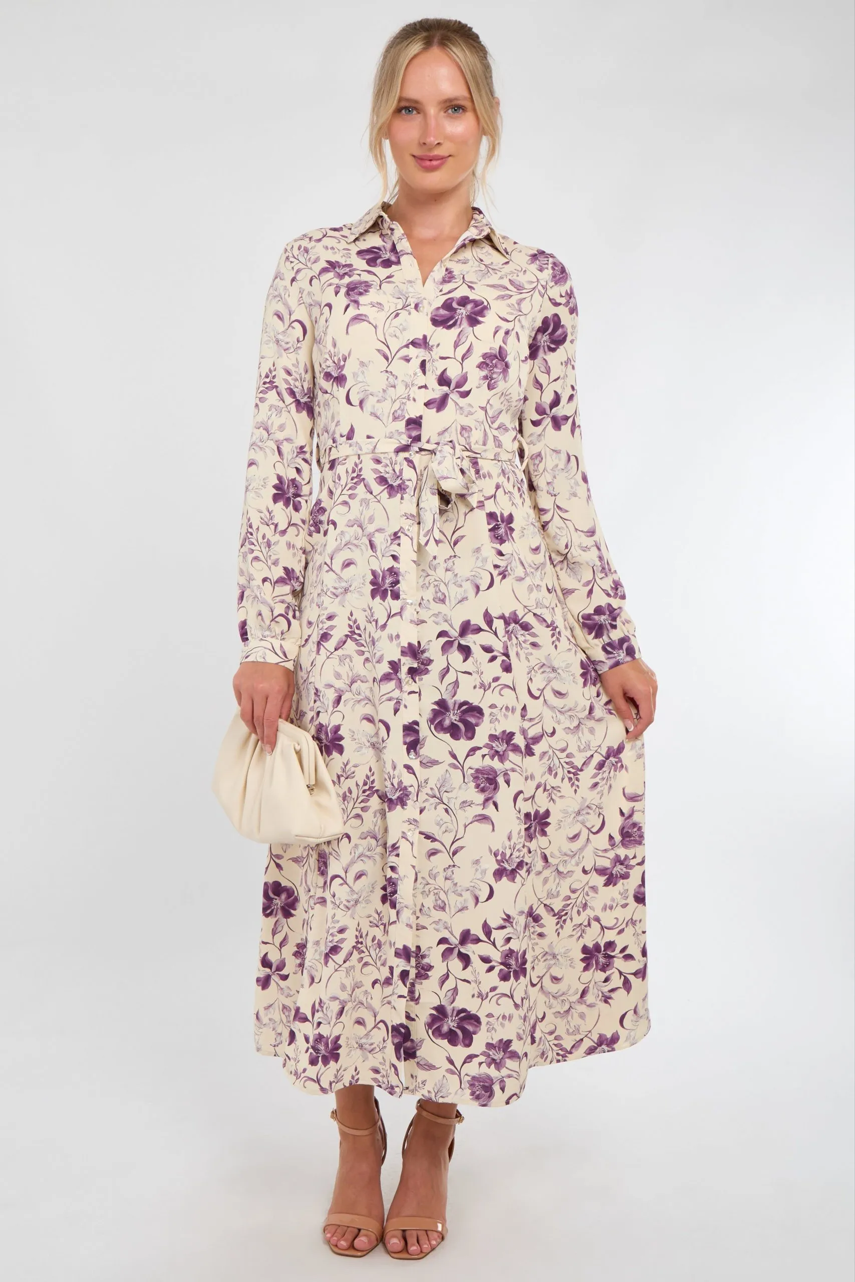 Cream and Purple Botanical Print Maxi Shirt Dress