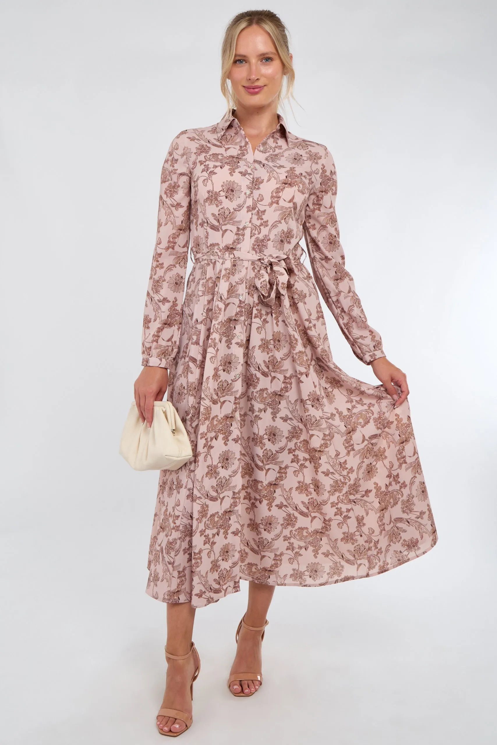 Dusky Pink and Mocha Floral Print Maxi Shirt Dress