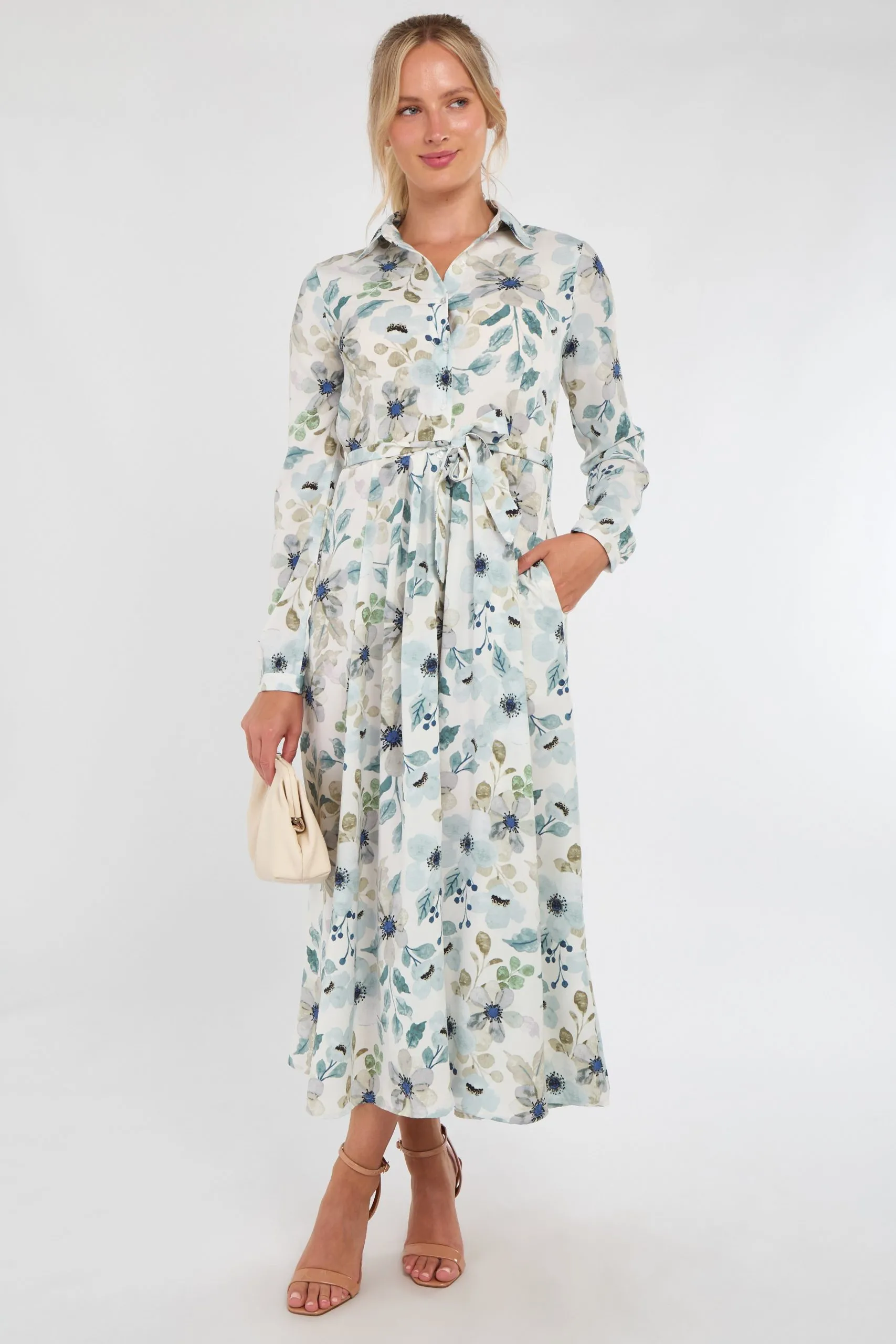 Soft Blue Botanical Print Maxi Shirt Dress