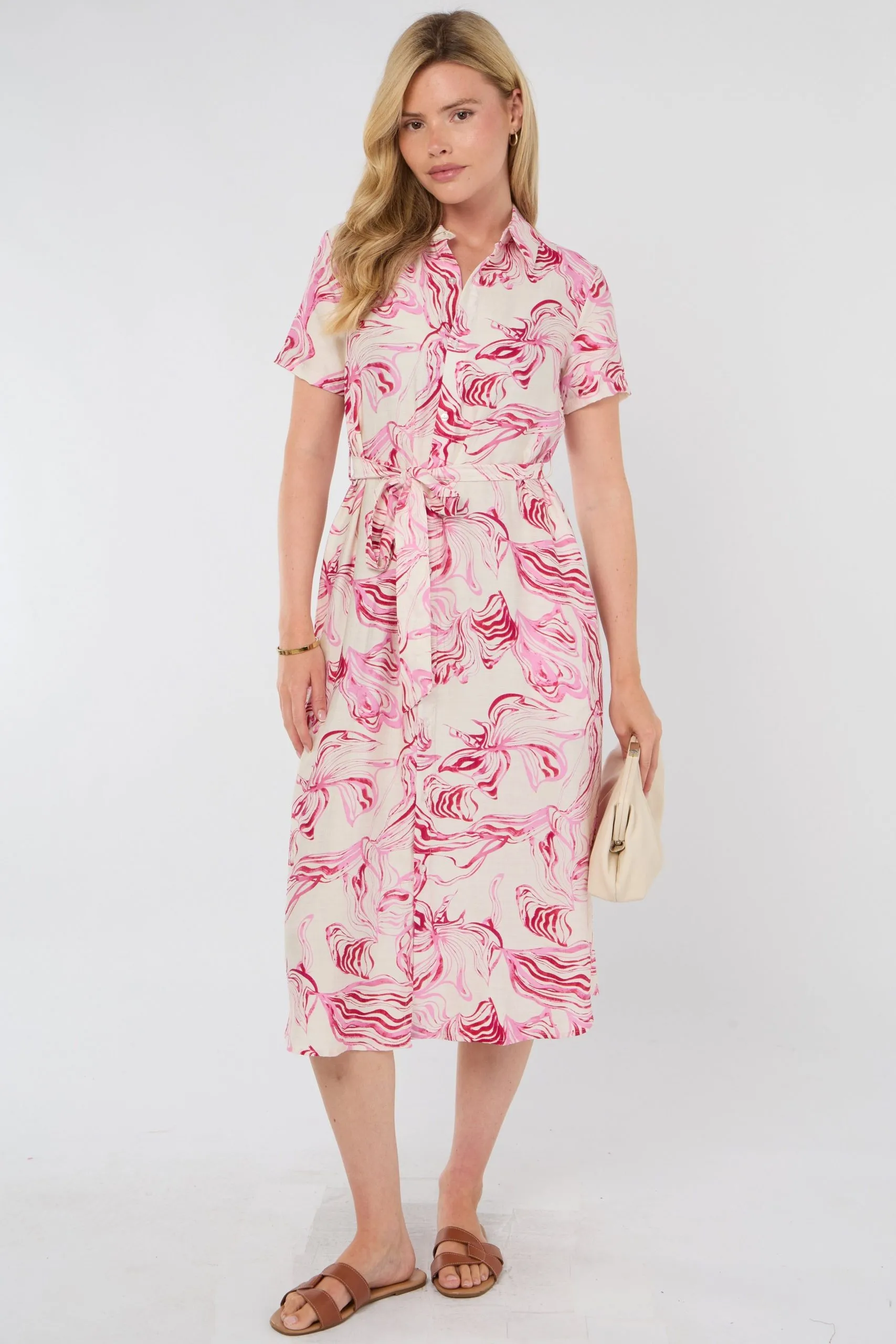 Pink Swirl Print Short Sleeve Midi Shirt Dress