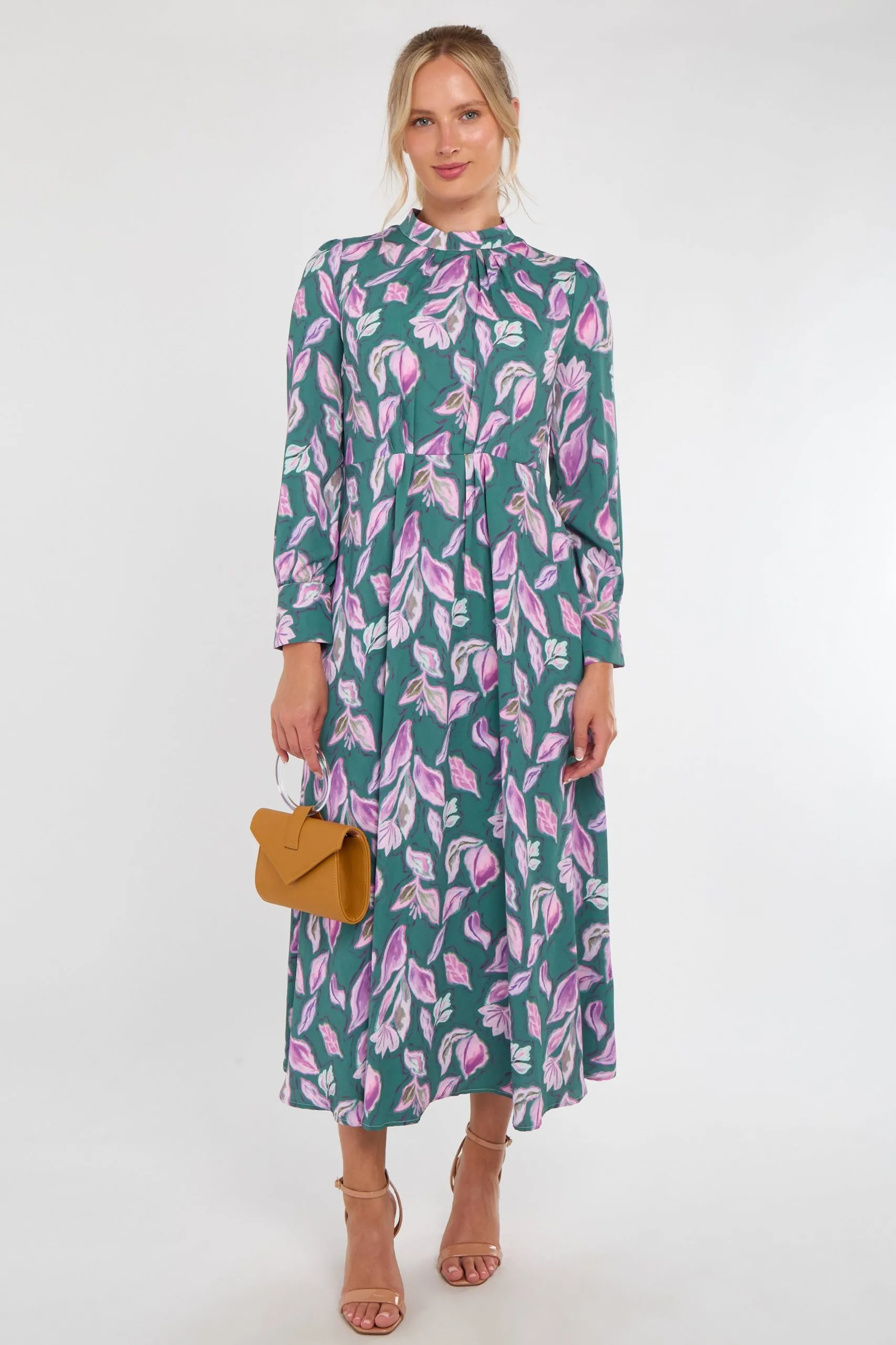 Teal and Lilac Leaf Print Pleated Skirt Maxi Dress