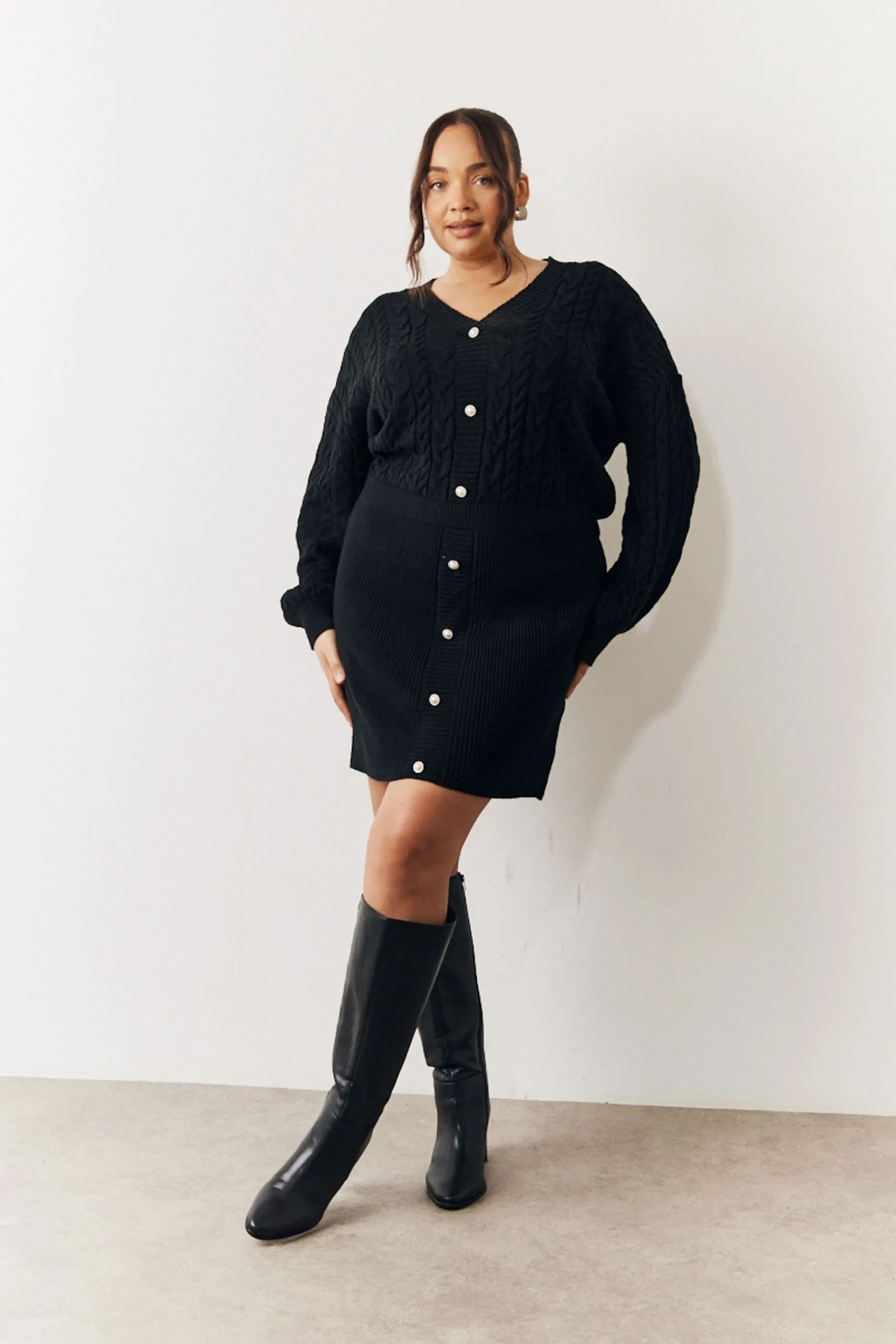 Black Cable Knit v Neck Diamante Button Mini Dress