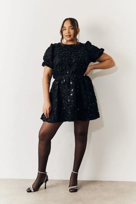 Black Sequin Floral Applique Fit and Flare Mini Dress