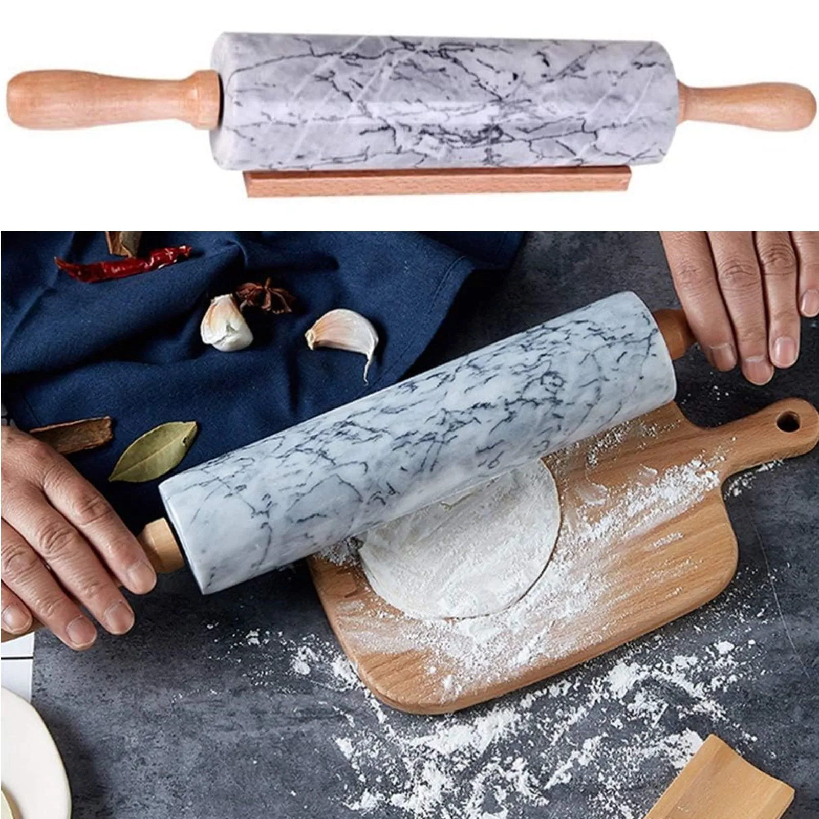 Marble Rolling Pin 46cm Kitchen Roll Baking Roller With Wooden Handles Stand
