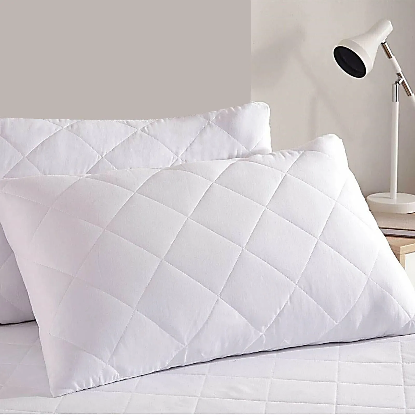 Pair Of White Anti Allergy Zipped Pillow Protectors Quilted Pillowcases