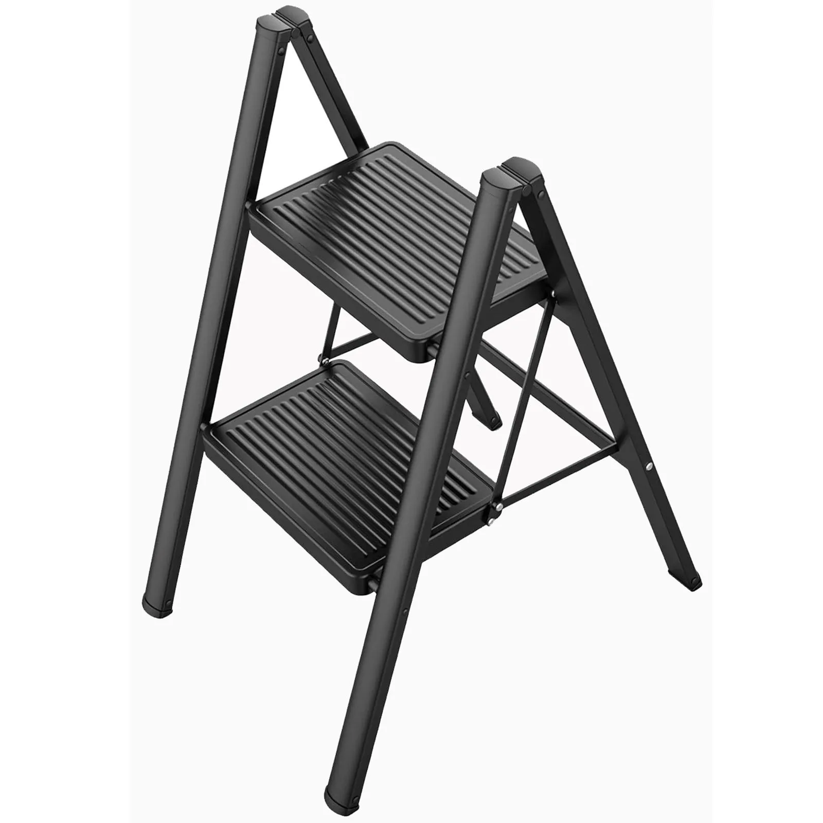 2 Step Ladder Black Folding Stool Non Slip Heavy Duty Carbon Steel Lightweight