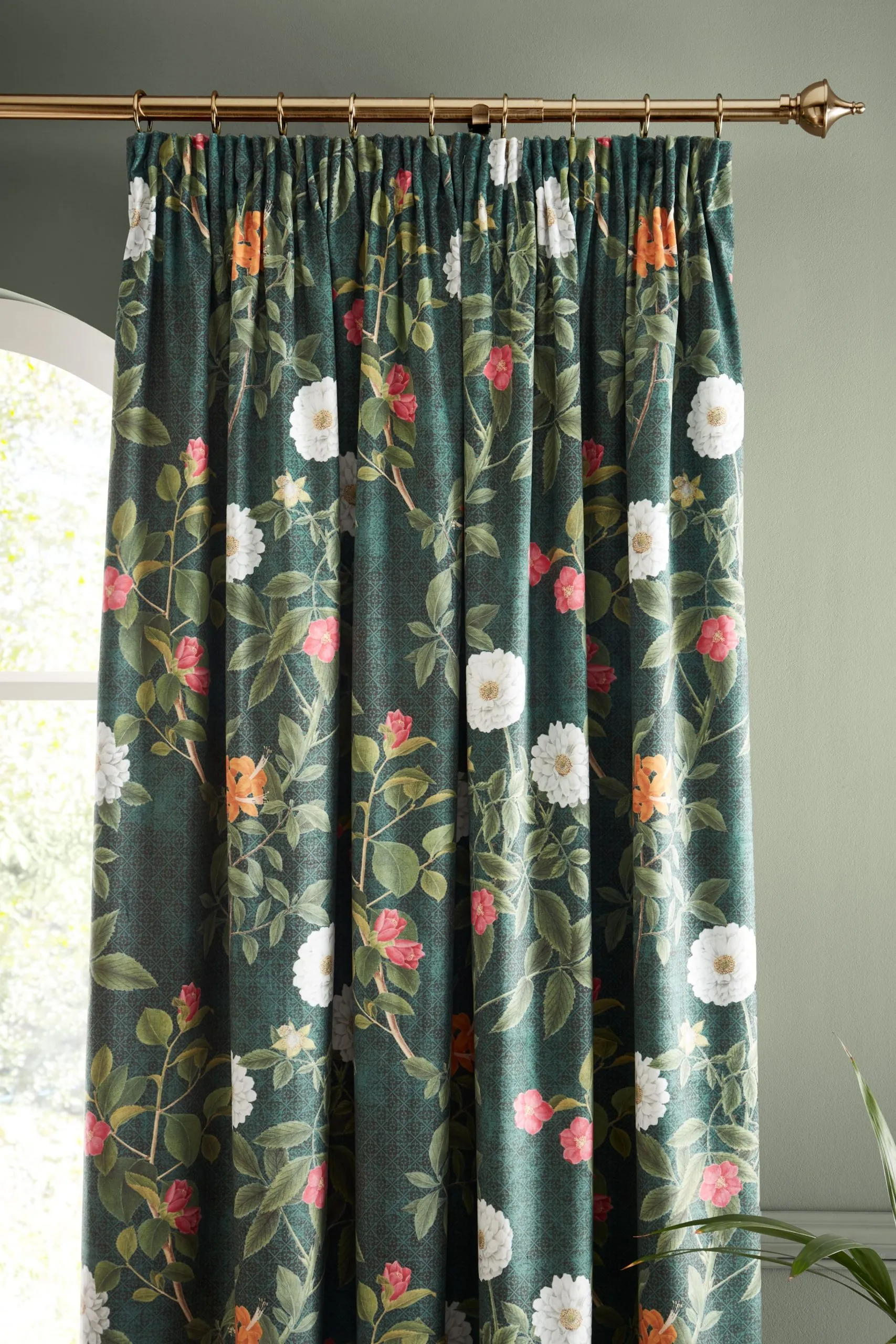'Arcadia Floral' Soft Touch Recycled Polyester Velour Pencil Pleat Curtains