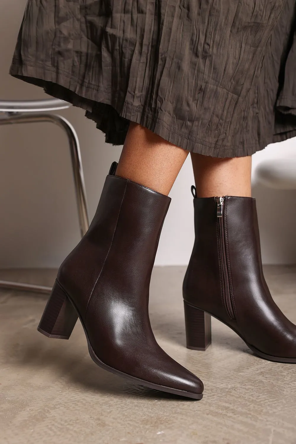 'Greta' Faux Leather Pointed Toe Ankle Boots With Block Heel