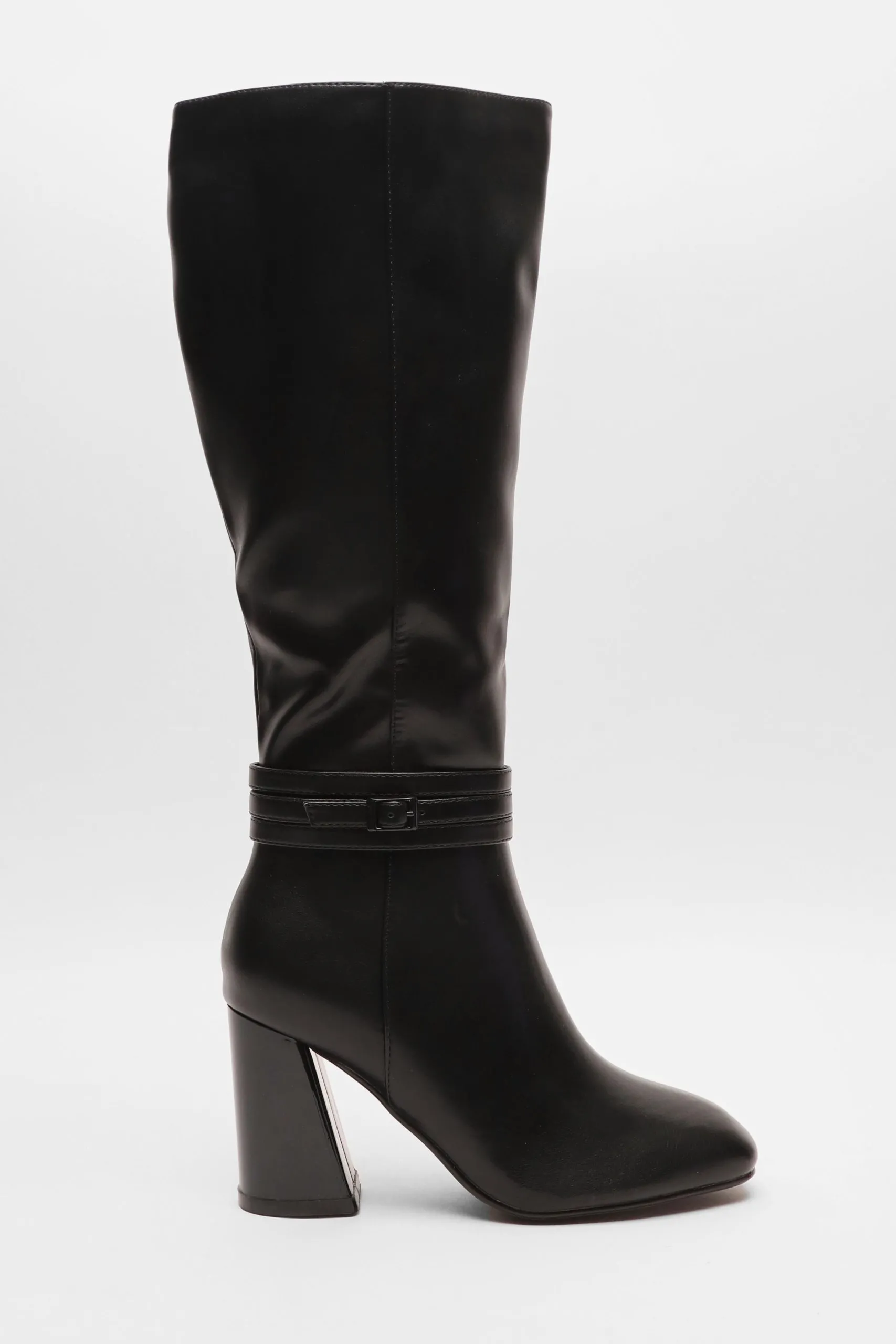 Black Wide Fit Faux Leather Knee High Boots