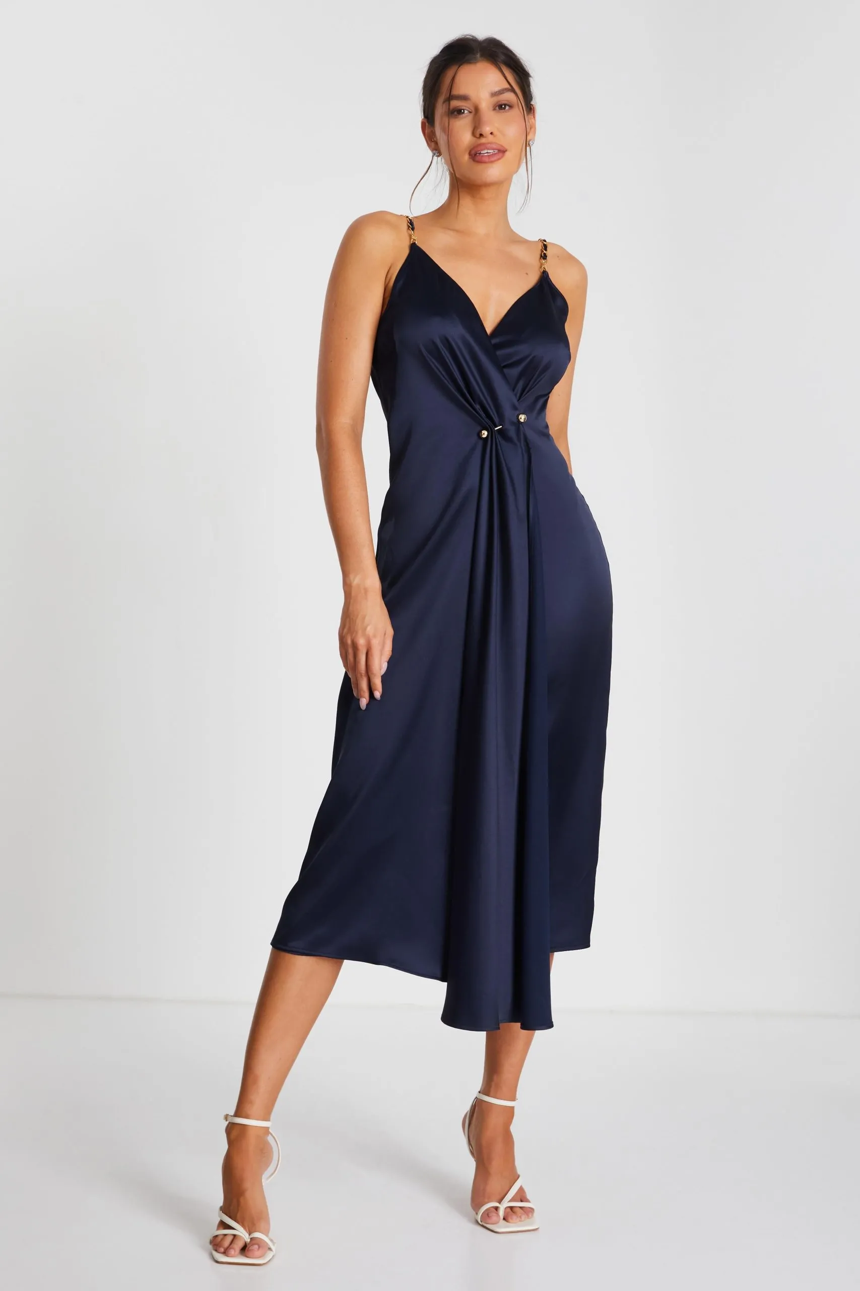 Blue Satin Buckle Front Midi Dress