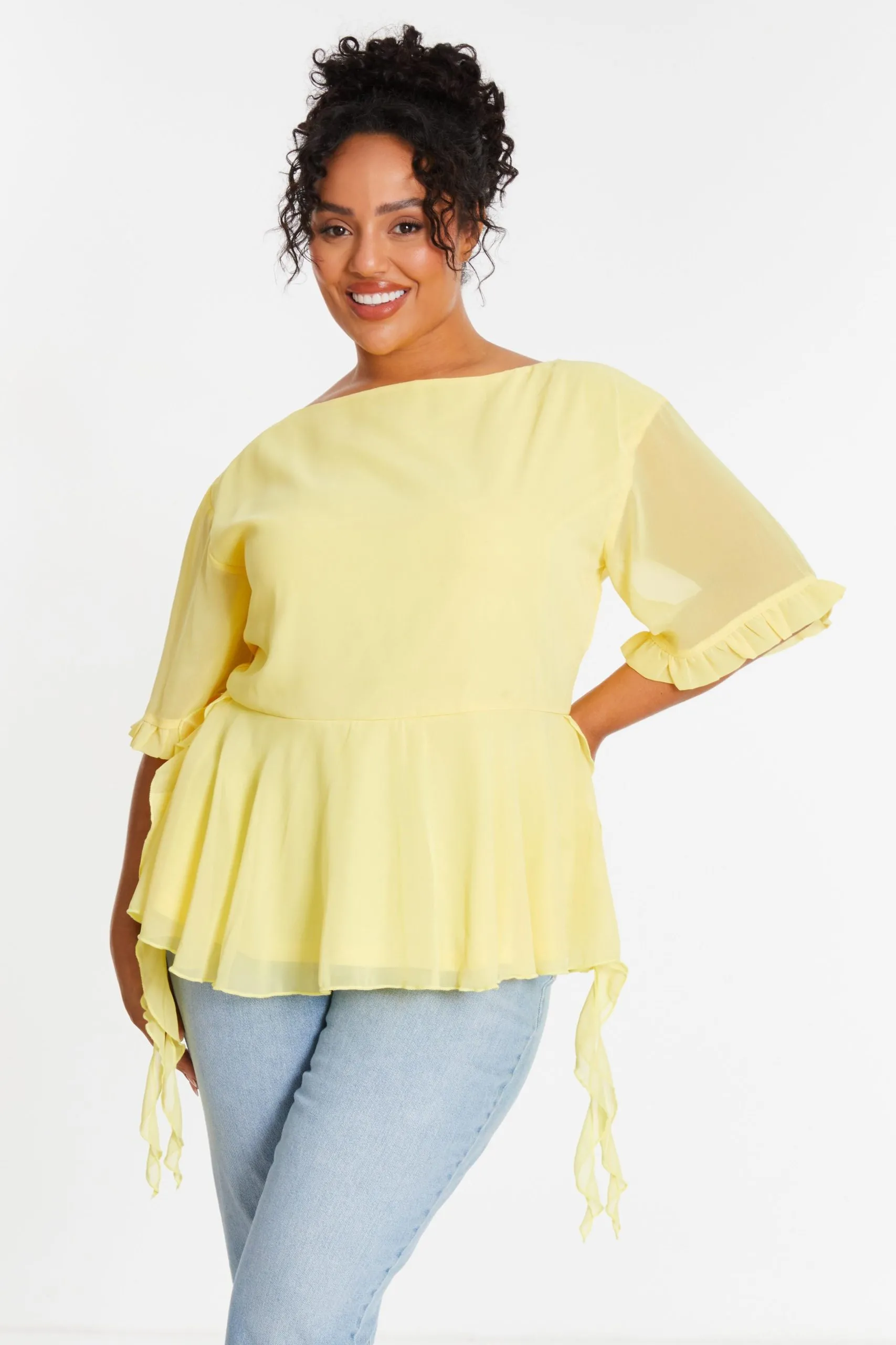 Yellow Curve Ruffle Peplum Top