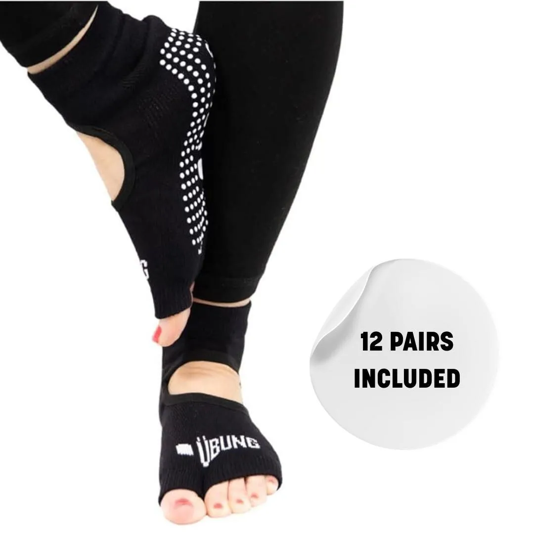 Ubung Black Yoga CAL174 Non Slip Open Toe Socks Packs of 12 Size 4-9 UK Size