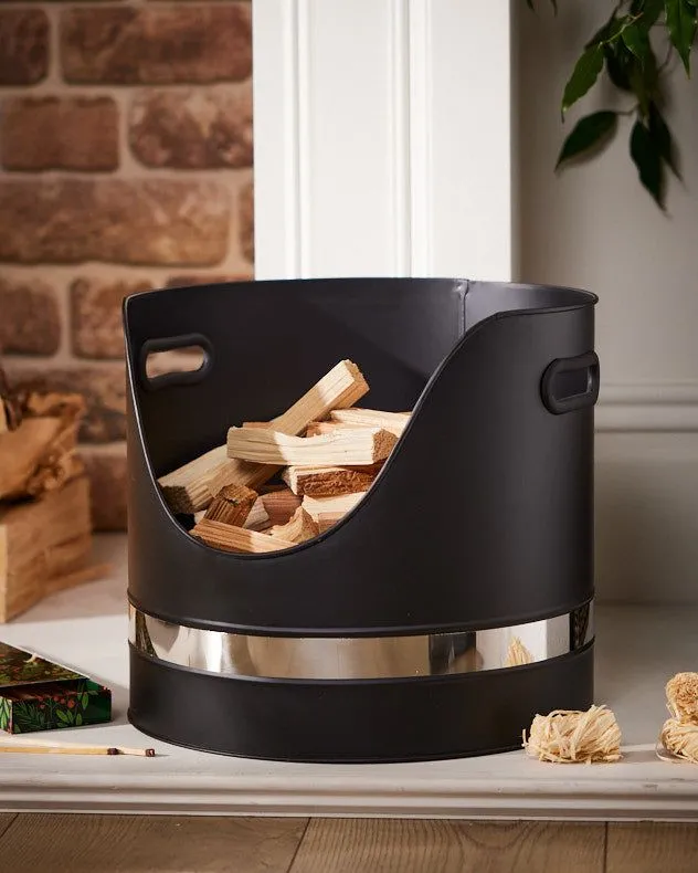 Contemporary Matte Black Fireplace Coal, Log Storage and Kindling Bucket Basket