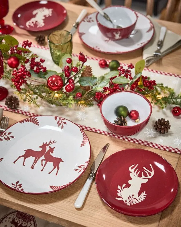 12 Piece Red Stag Dinner Plate, Side Plate & Bowl Stoneware Dinner Set