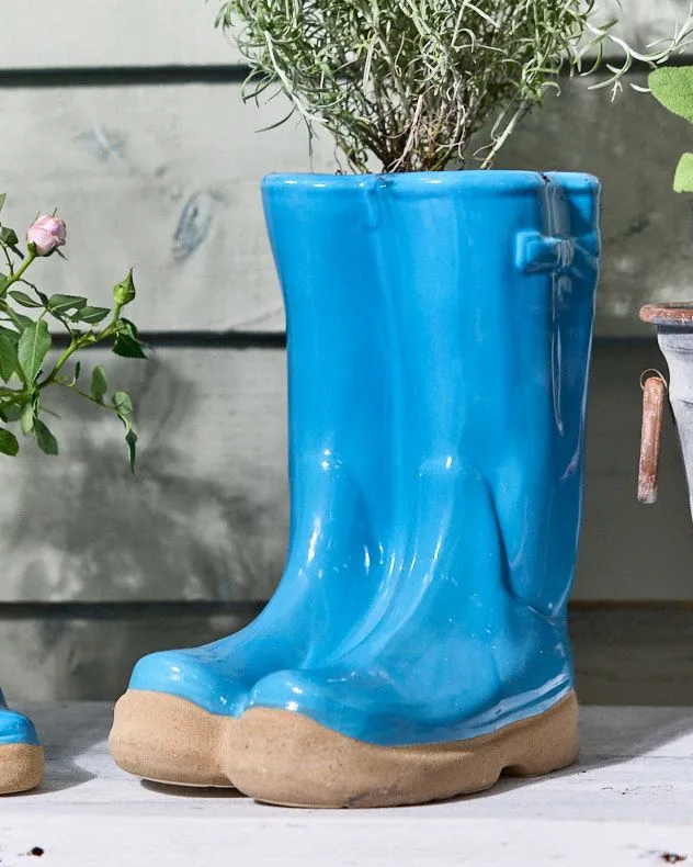 Bright Blue Boots Large Ceramic Indoor Outdoor Flower Pot Garden Planter Pot (H) 29.5cm, (W)24cm