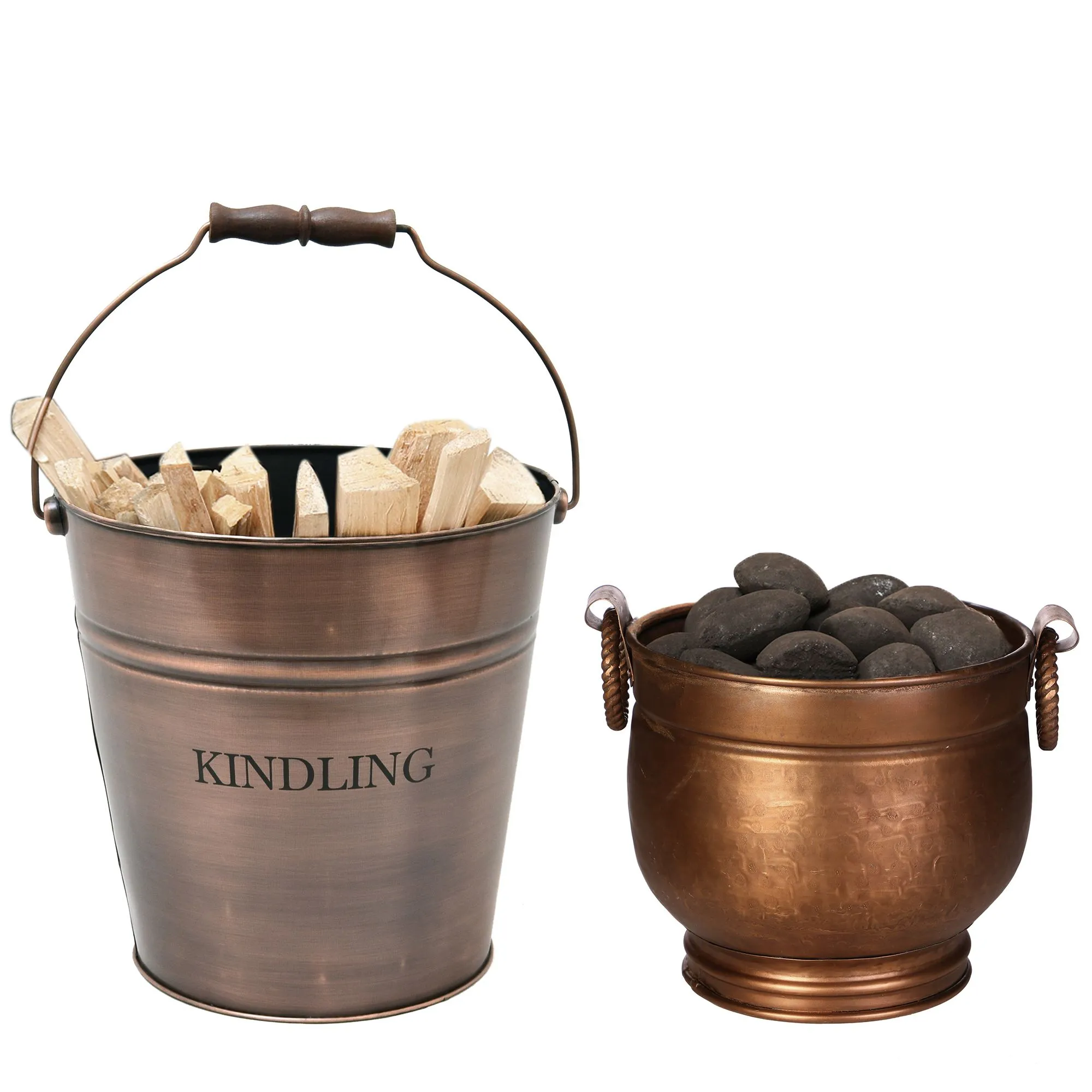 Traditional Antique Copper Kindling Storage Bucket with Round Footed Copper Coal Bucket and Handles