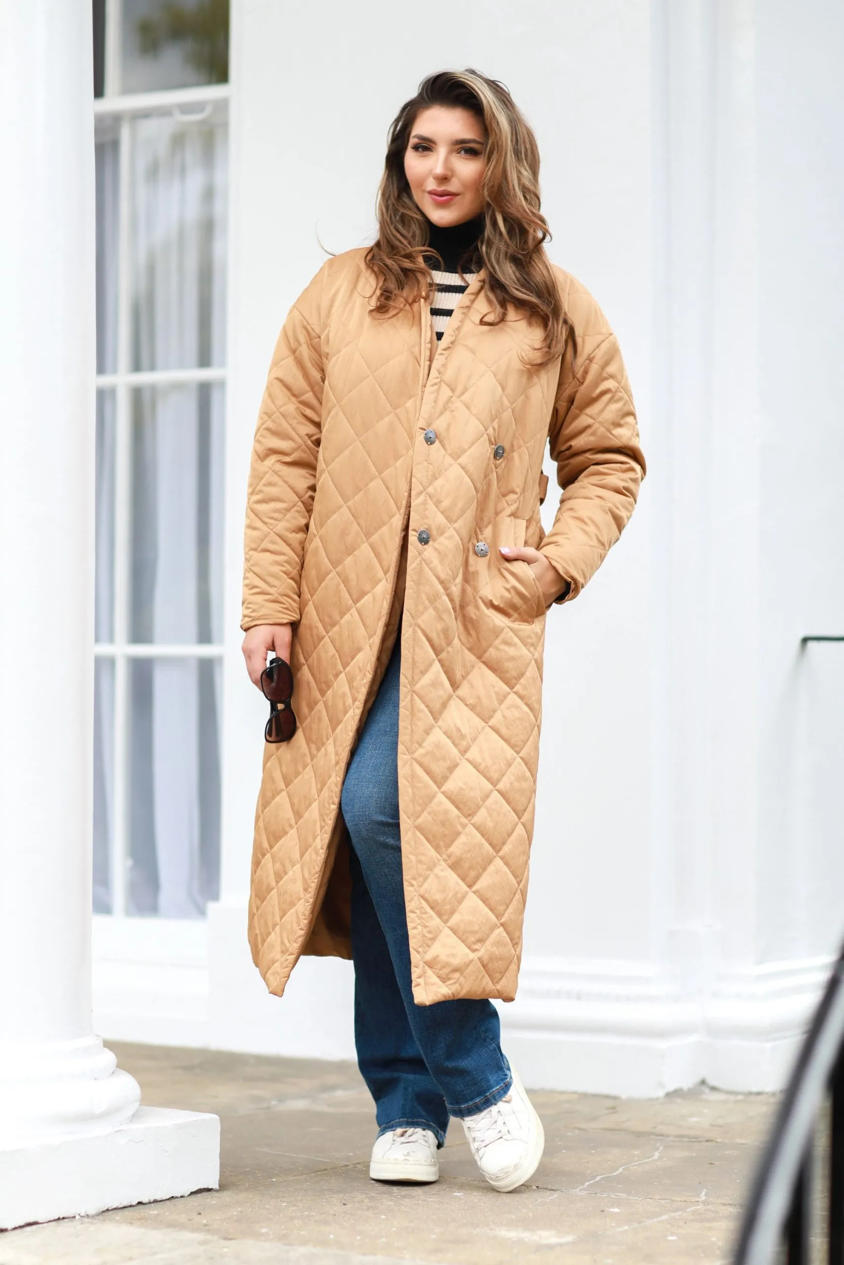 Camel Oversized Quilted Longline Wrap Coat