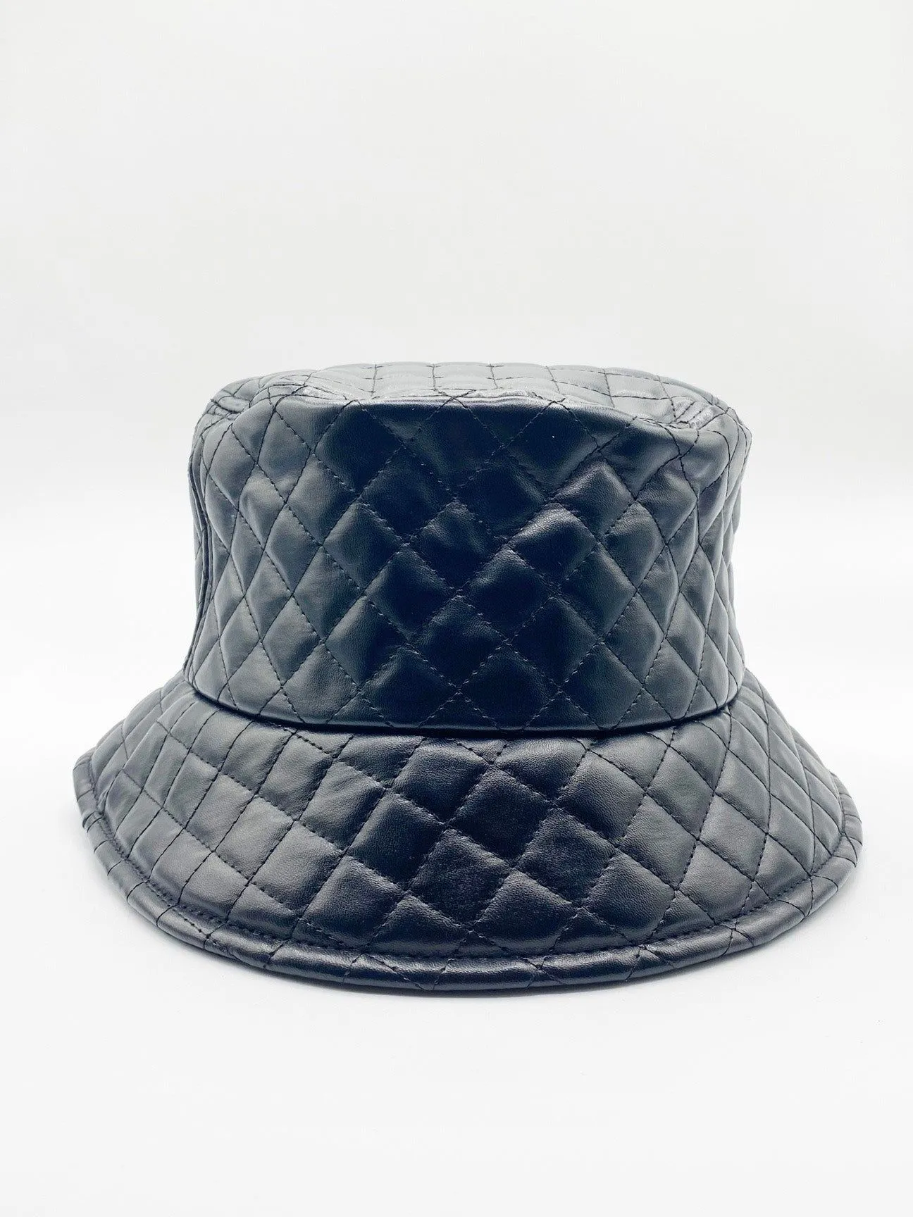Emerald Quilted PU Leather Bucket Hat In Black