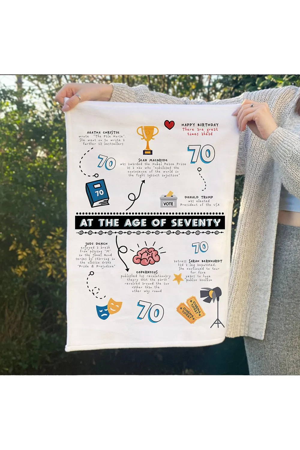 70th Funny Birthday Gift Amazing Facts Tea Towel