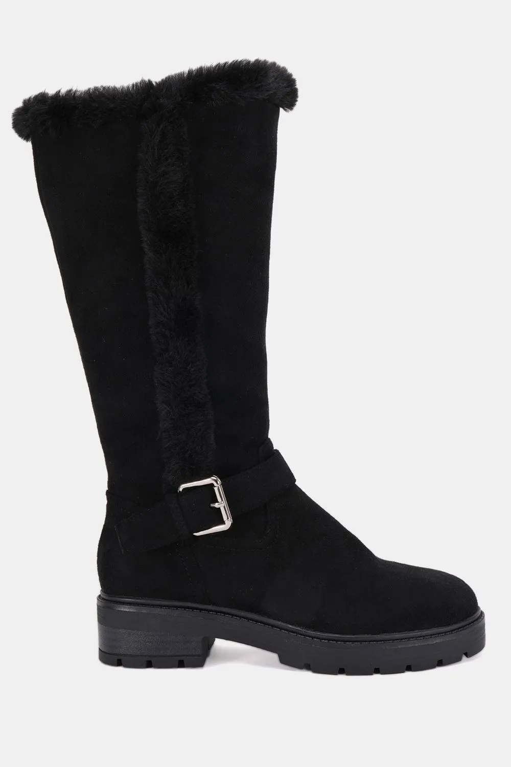 'Gillian' Faux Fur Lined Chunky Flat Knee Buckle Boot