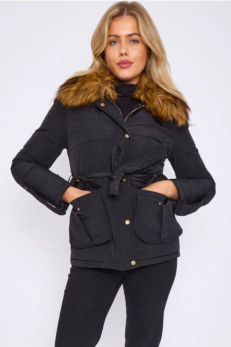 Faux Fur Cuffed Belted Short Parka Jacket