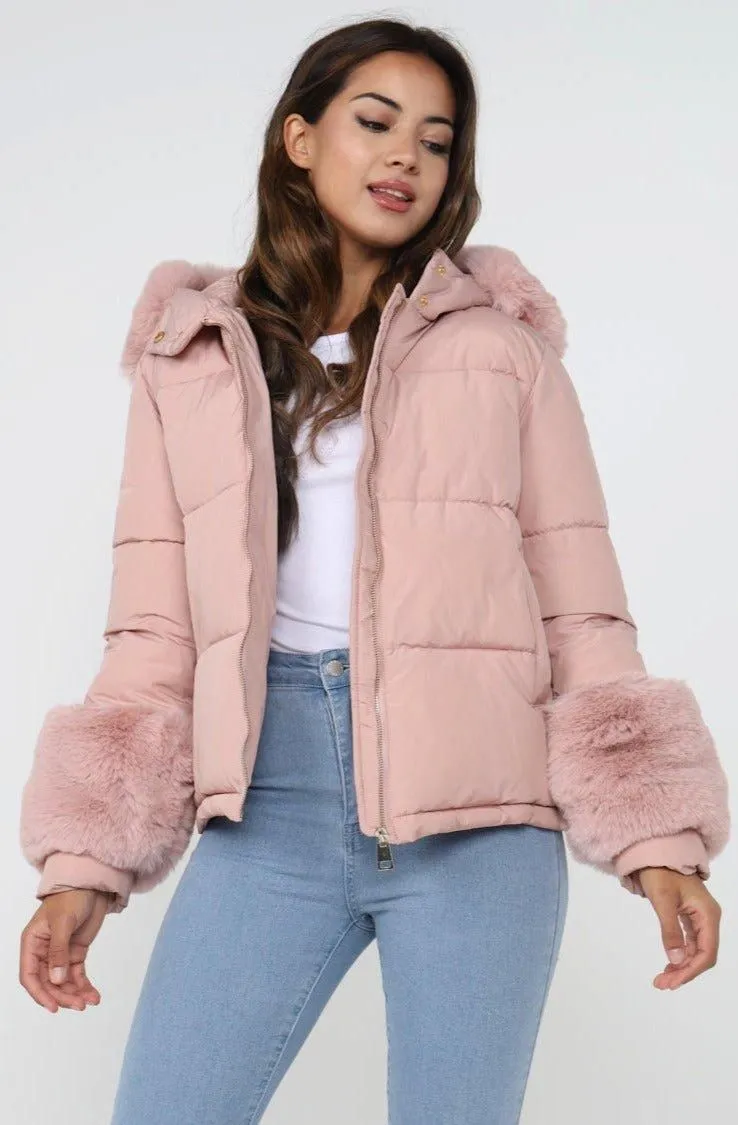 Faux Fur Cuffed Puffer Jacket with Hood