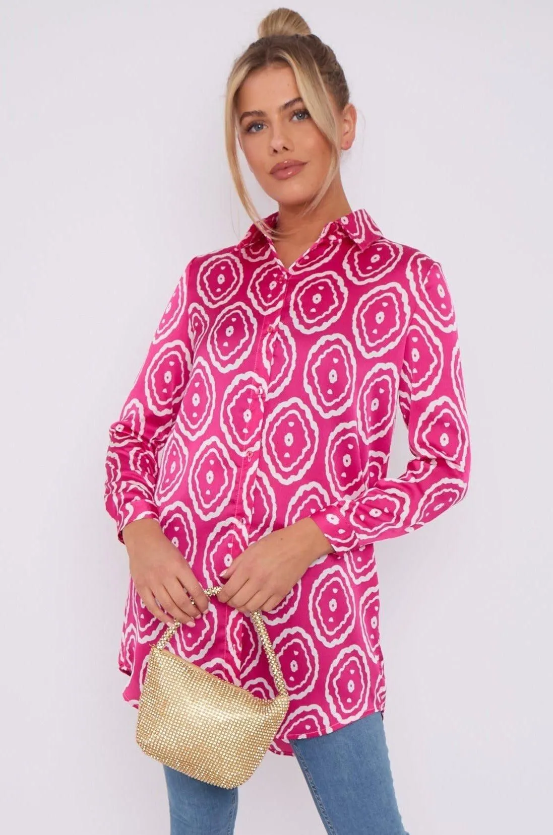 Pink Tribe Print Bubble Satin Long Shirt