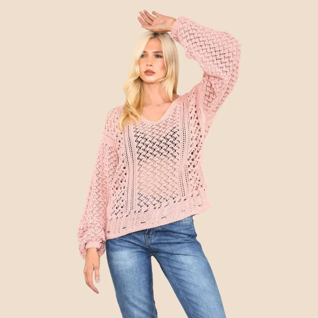 Pink Jumper Open Crochet Hole Knit