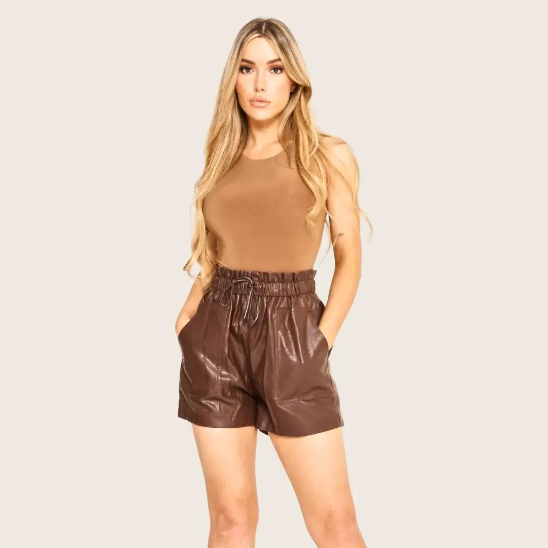 Brown PU Faux Leather Shorts