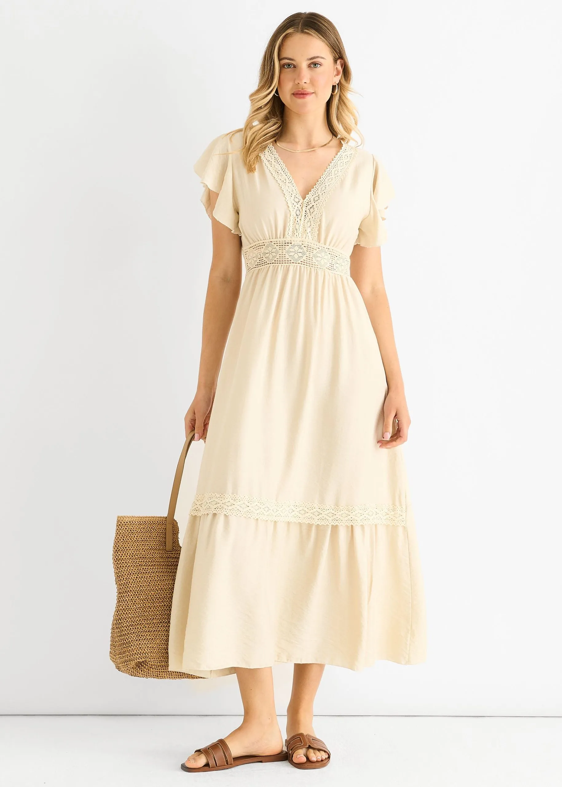 Beige Crochet Lace Panel Elasticated Waist Midi Dress