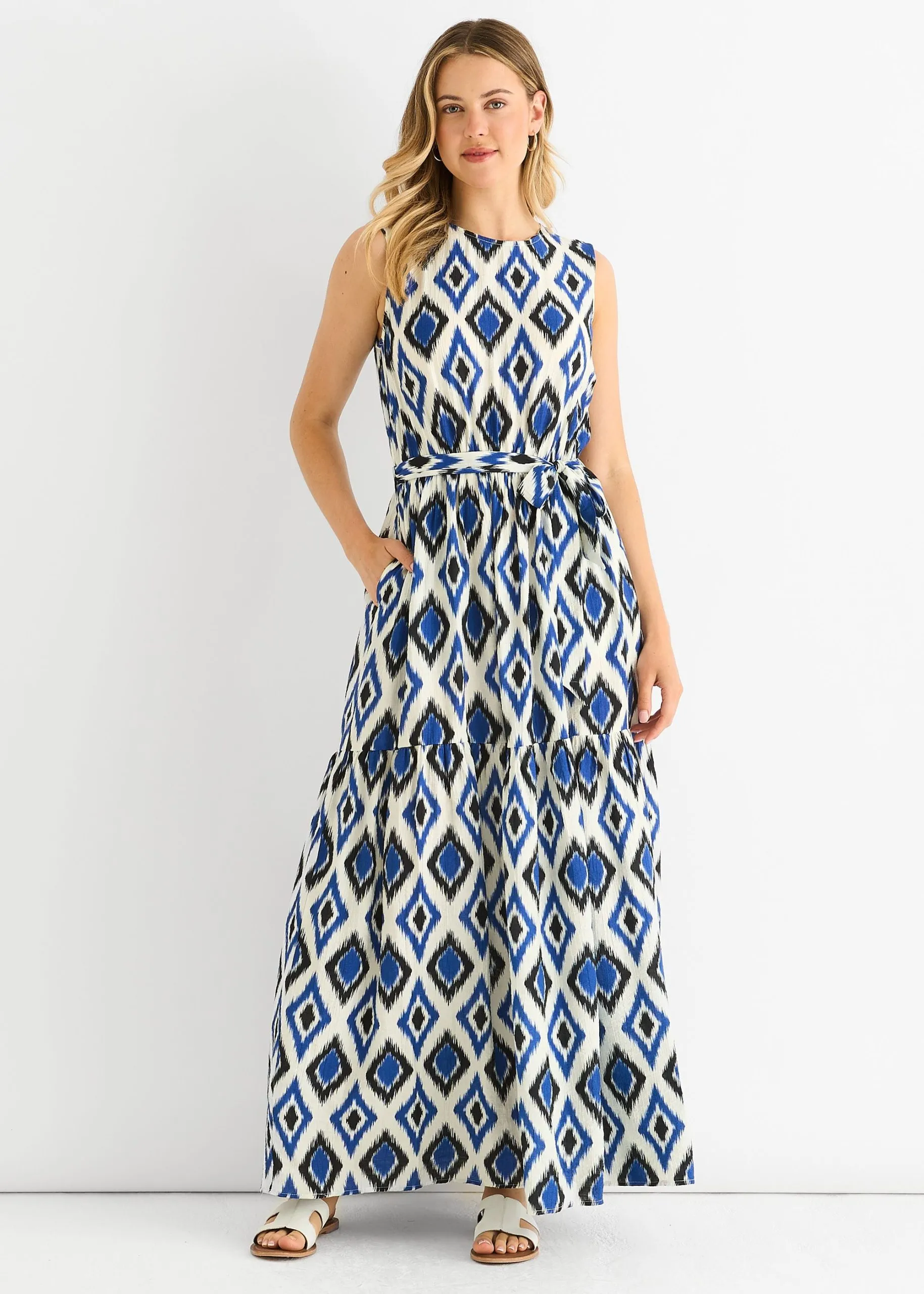 Blue Geo Print Elasticated Waist Midaxi Dress
